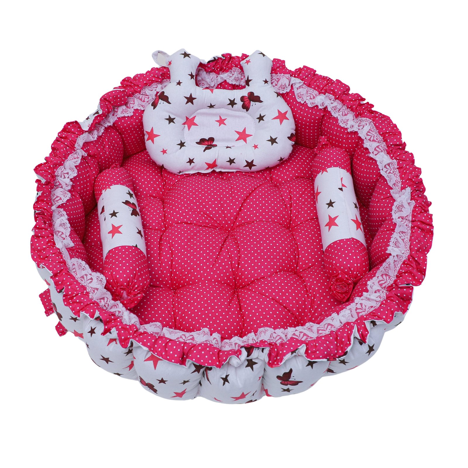 Pink 3 Pillow with Mosquito Protection Net & Round Shape Cotton Baby Bed BB21