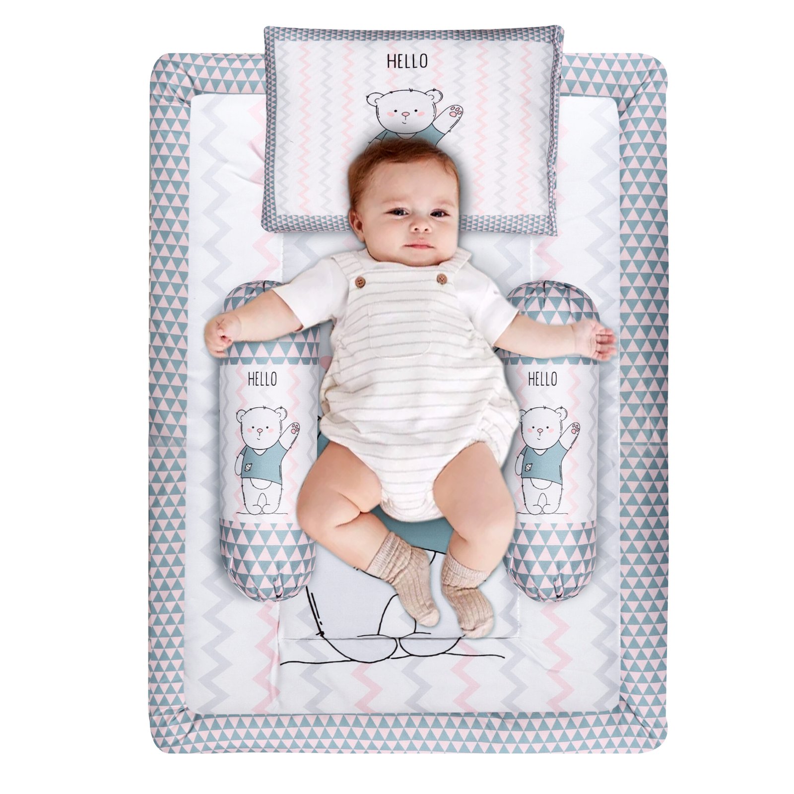 Grey 3 Pillows & Rectangle shape Teddy Bear Character Cotton Baby Bed BB106