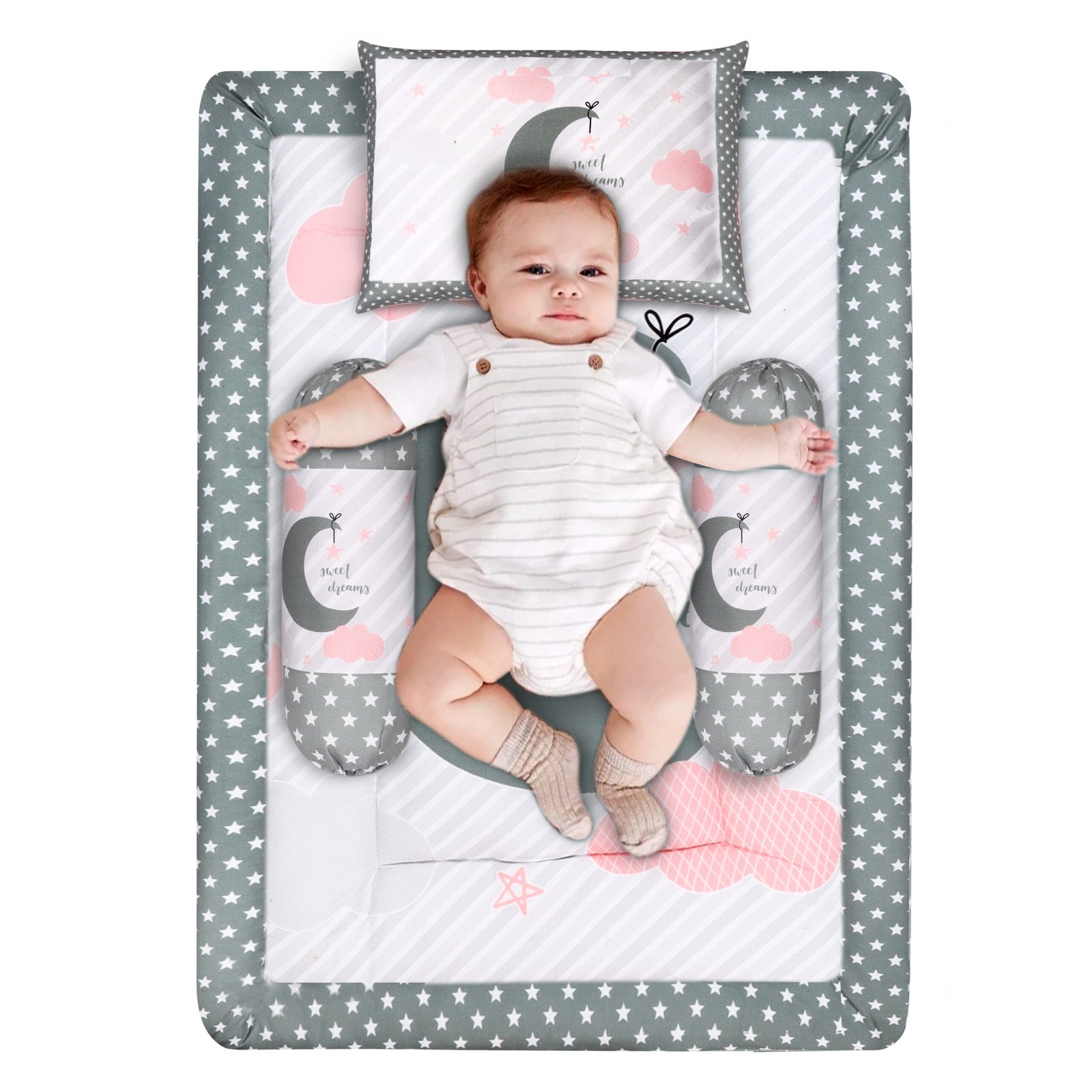 Grey 3 Pillows & Rectangle shape Moon Cotton Baby Bed BB107
