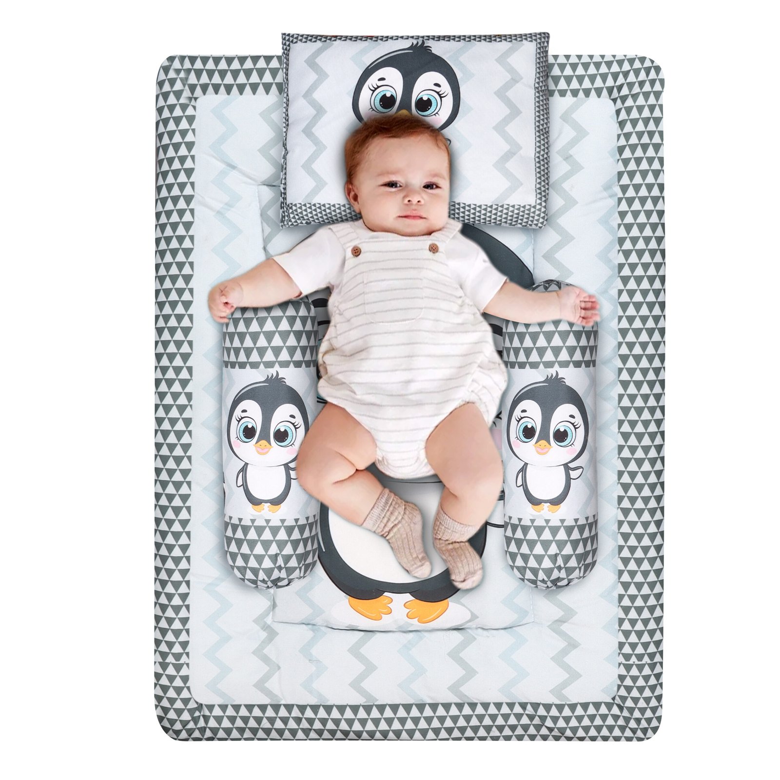 Grey 3 Pillows & Rectangle shape Penguine Print Cotton Baby Bed BB108