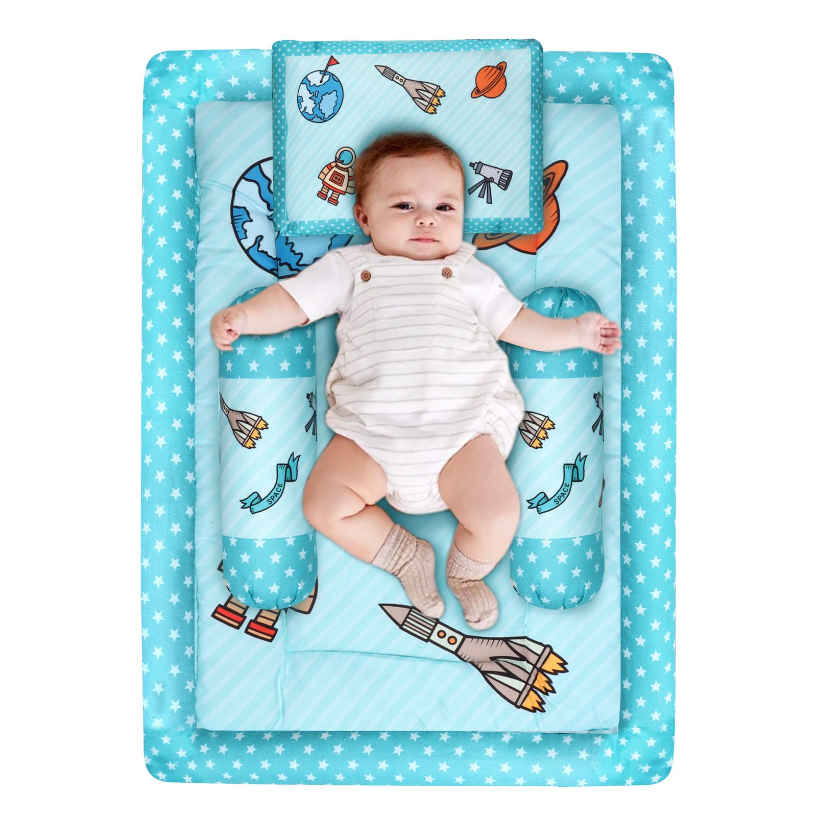 Grey 3 Pillows & Rectangle shape Space Theme Cotton Baby Bed for 0-1 Year