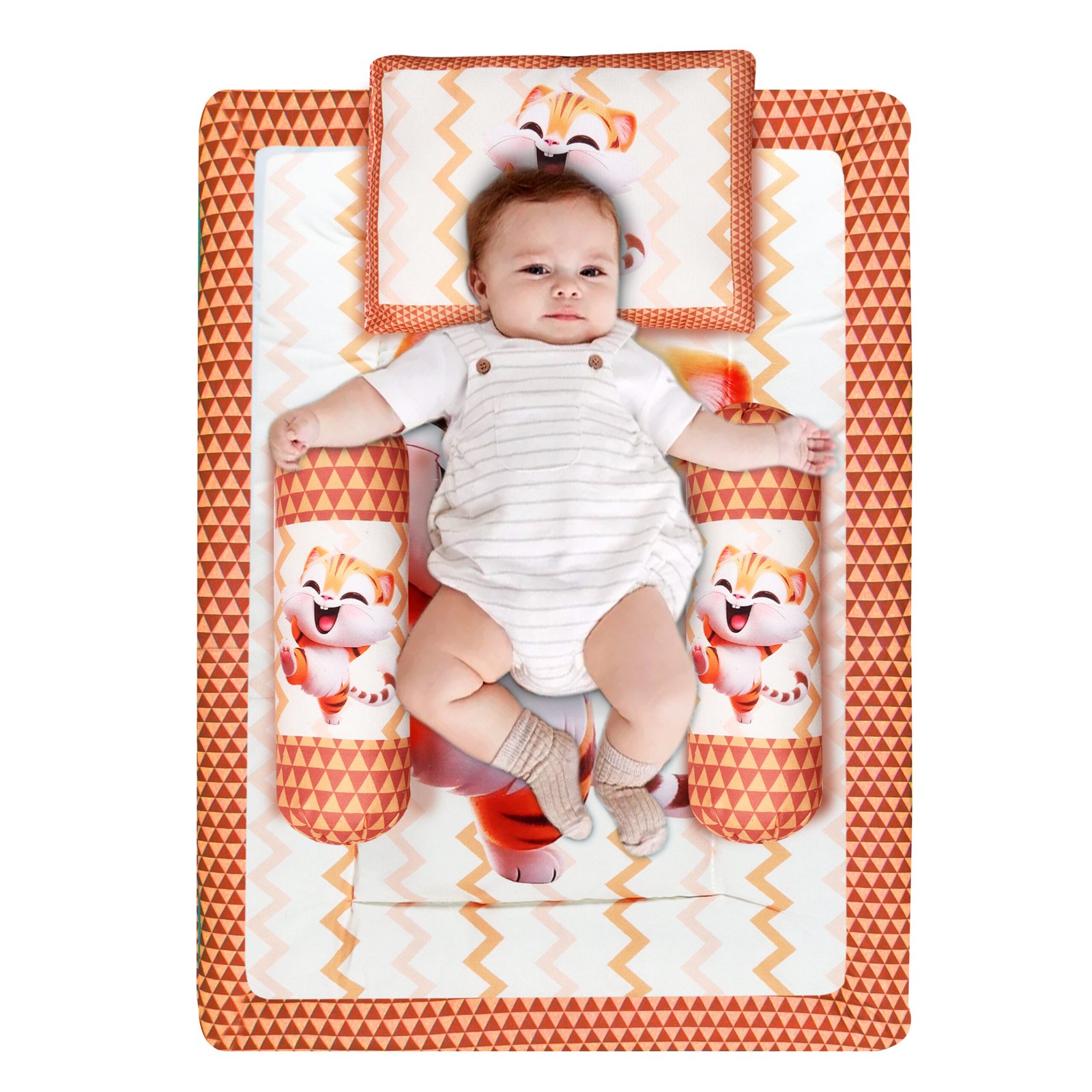 Grey 3 Pillows & Rectangle shape Cat Character Cotton Baby Bed BB111