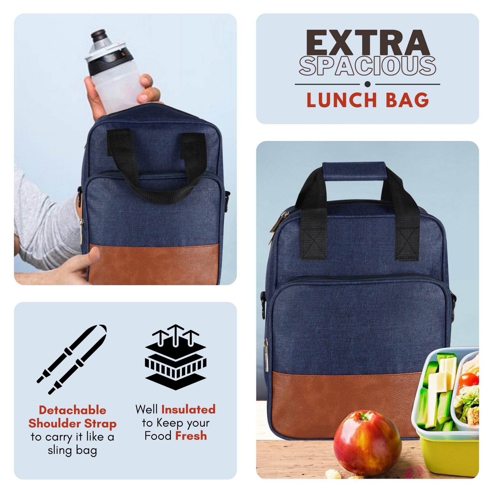 Blue Linen Textured Insulated Tiffin Bag TB13