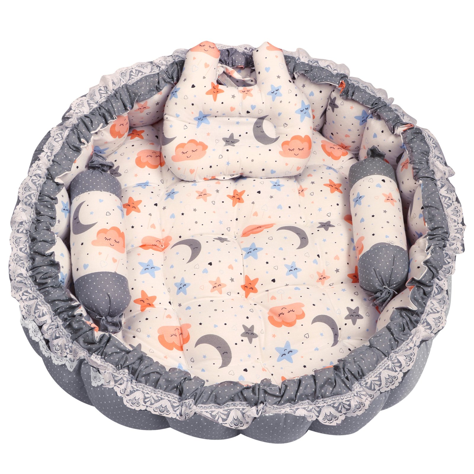 Grey 3 Pillow with Mosquito Protection Net & Round Shape  Cotton Baby Bed for 0-1 Year BB22