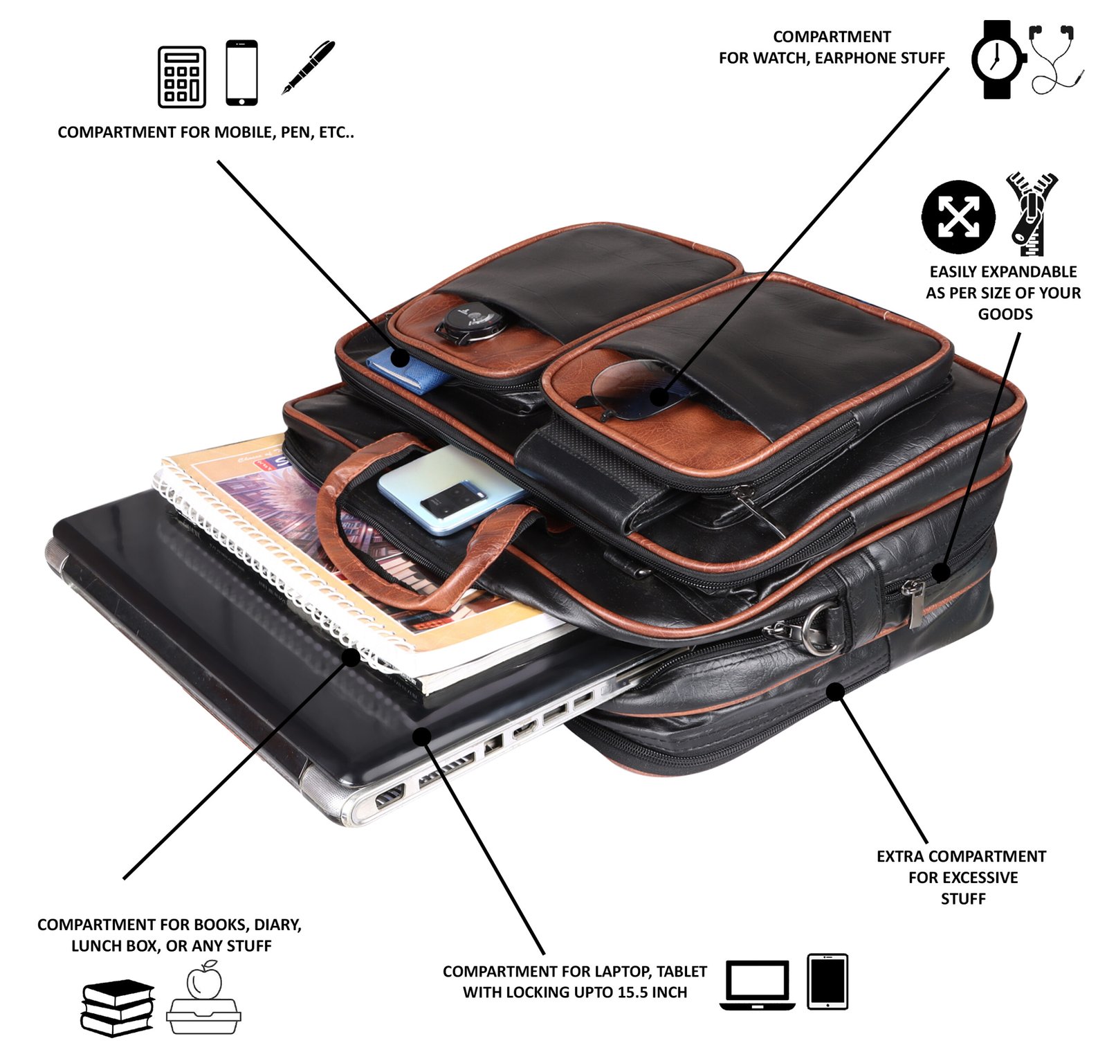 Tan & Black Color Faux Leather 28L Messenger Bag BG96