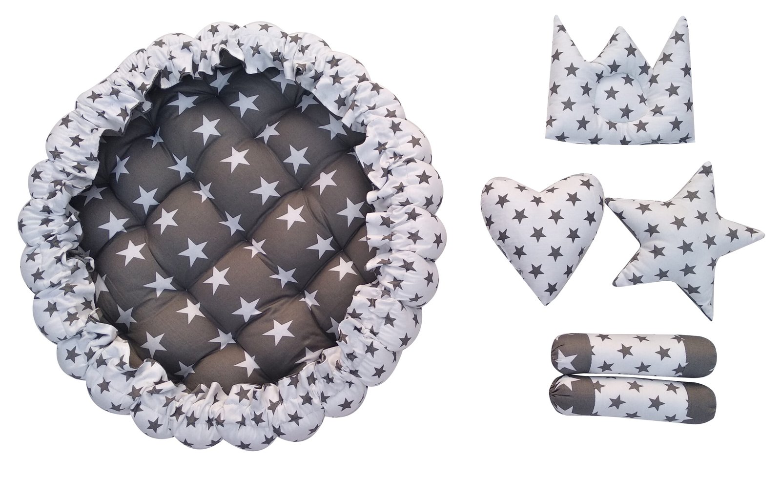 Grey 5 Pillows & Round shape Cotton Baby Bed BB01