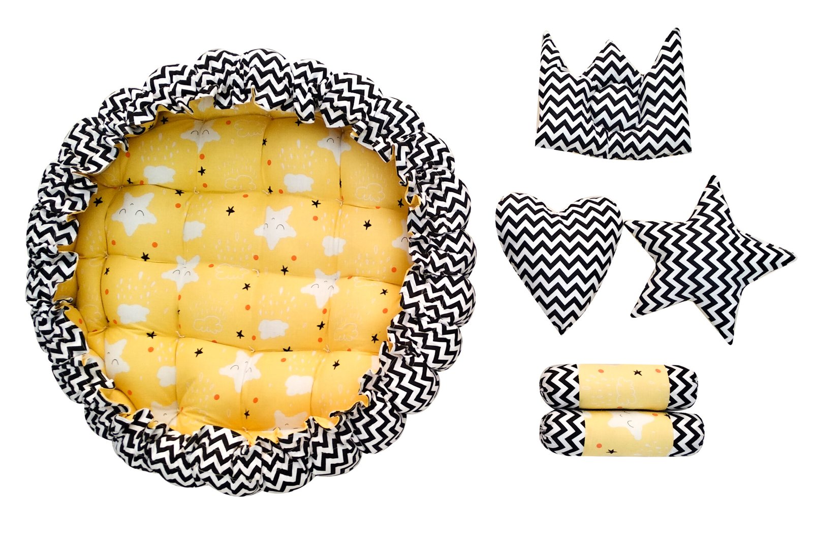 Yellow 5 Pillows & Round shape Cotton Baby Bed BB04