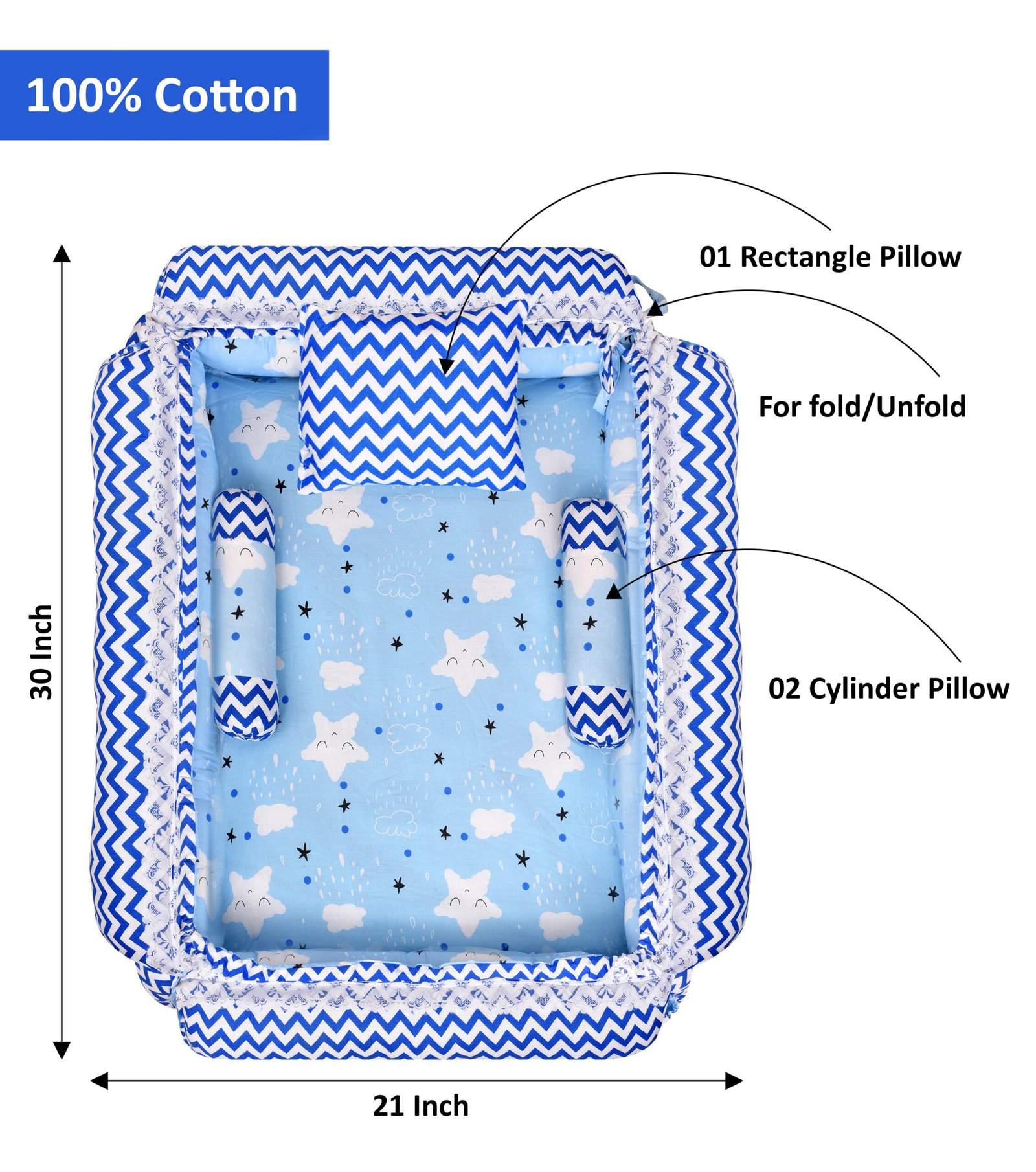 Blue 3 Pillows & Square shape Cotton Baby Bed BB05