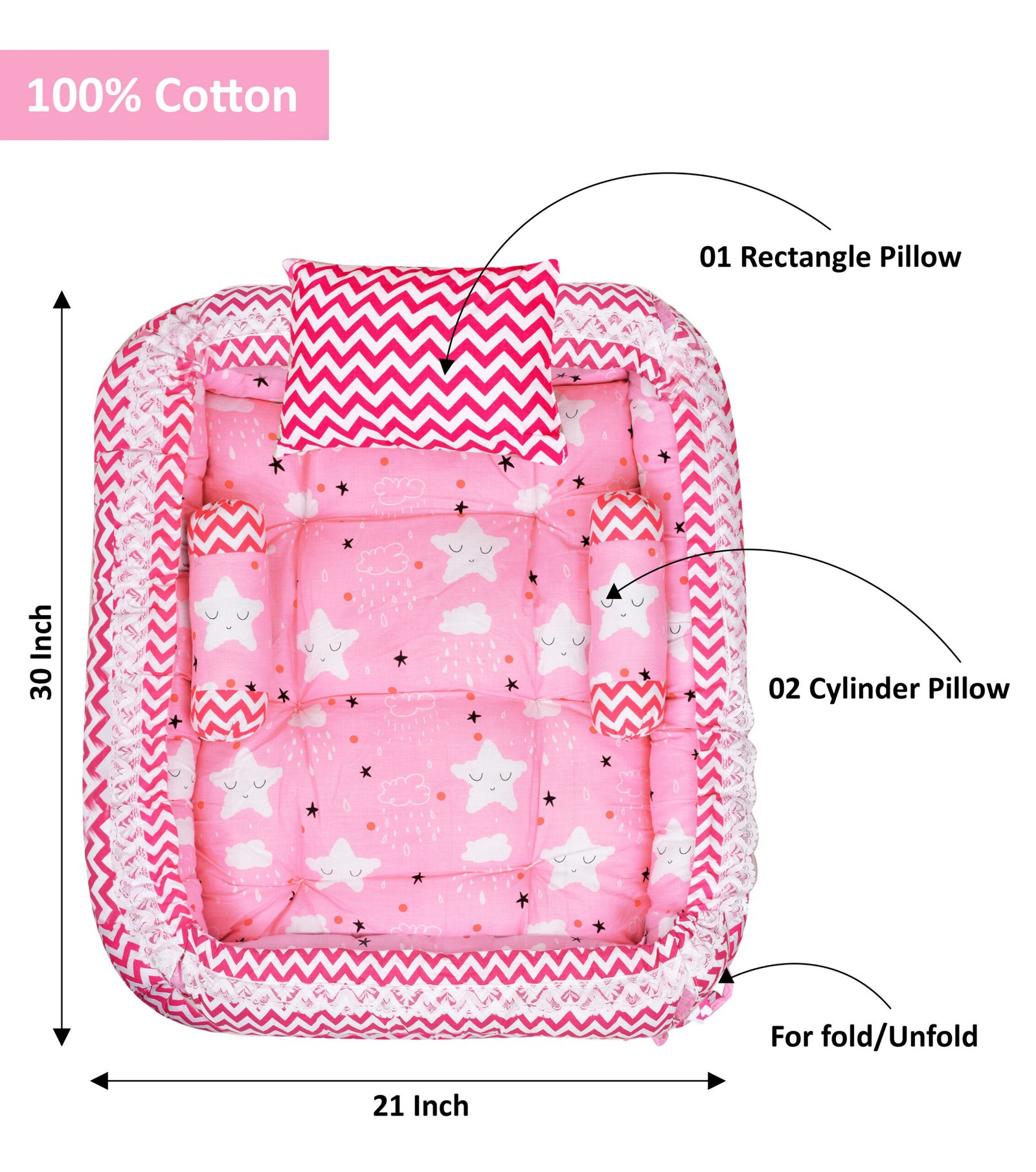 Pink 3 Pillows & Square shape Cotton Baby Bed BB06