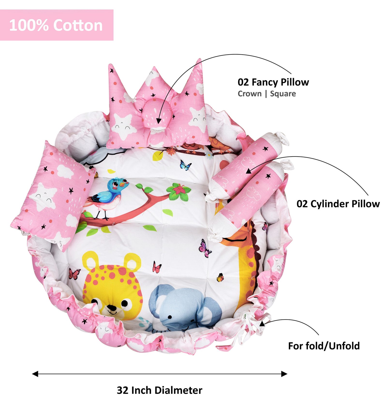 Multicolor 4 Pillows & Round shape Cotton Baby Bed BB10