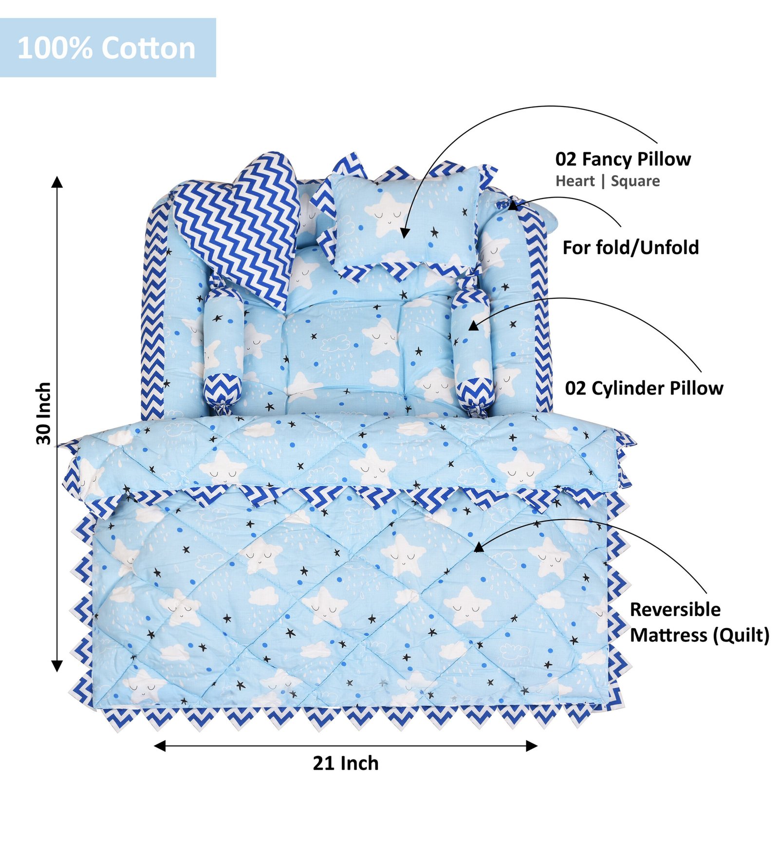 Blue 4 Pillows & Square shape Cotton Baby Bed BB13