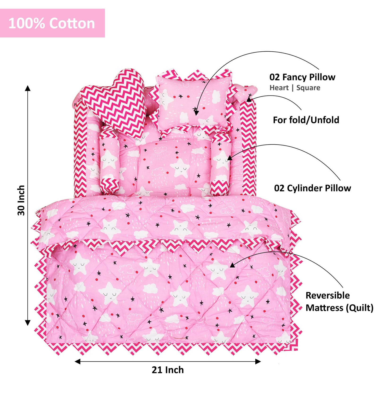 Pink 4 Pillows & Square shape Cotton Baby Bed BB14