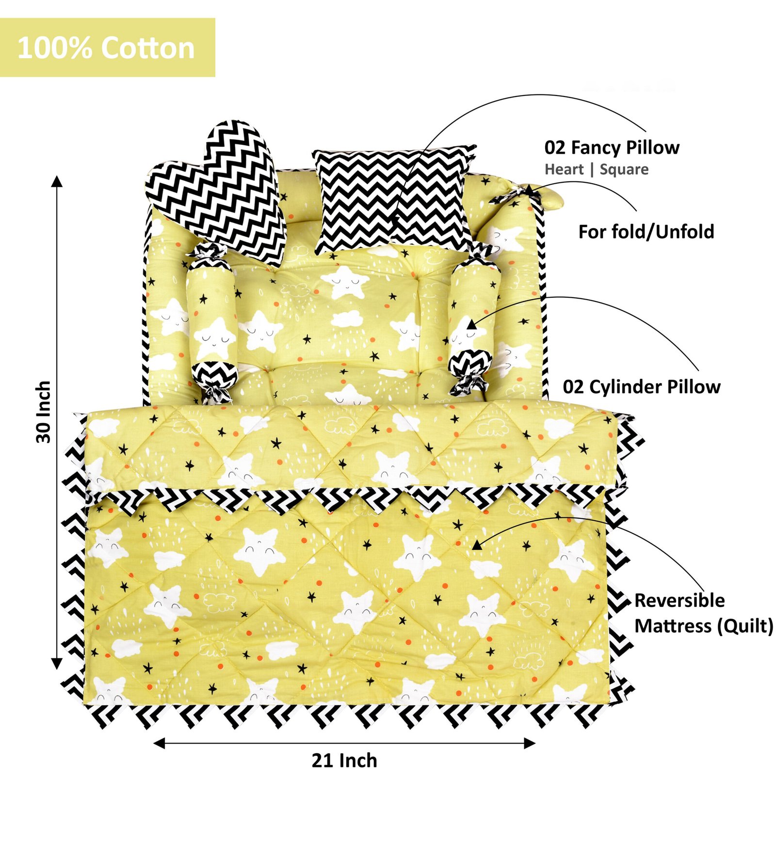 Yellow 4 Pillows & Square shape Cotton Baby Bed BB15