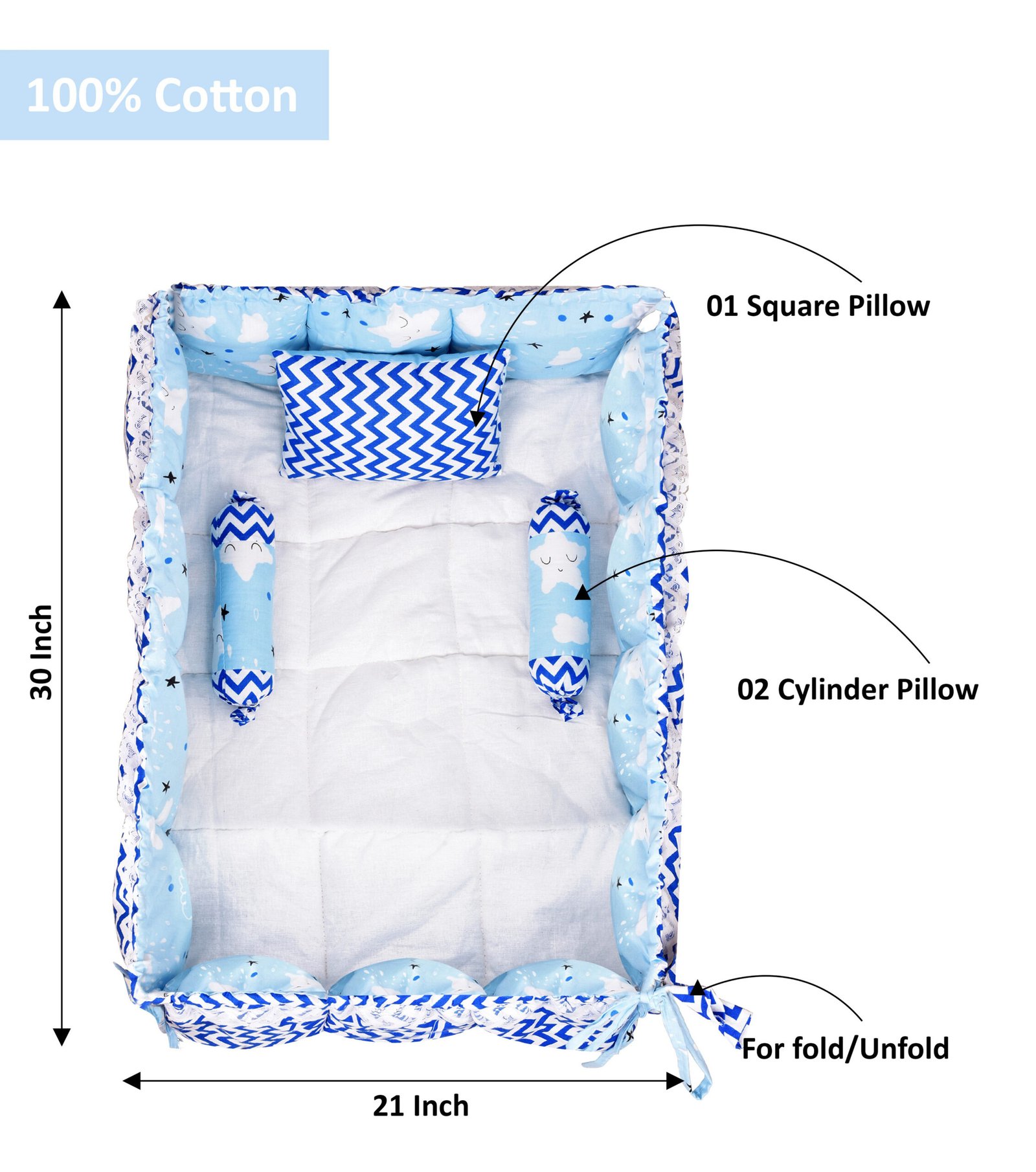 Blue 3 Pillows & Square shape Cotton Baby Bed BB17