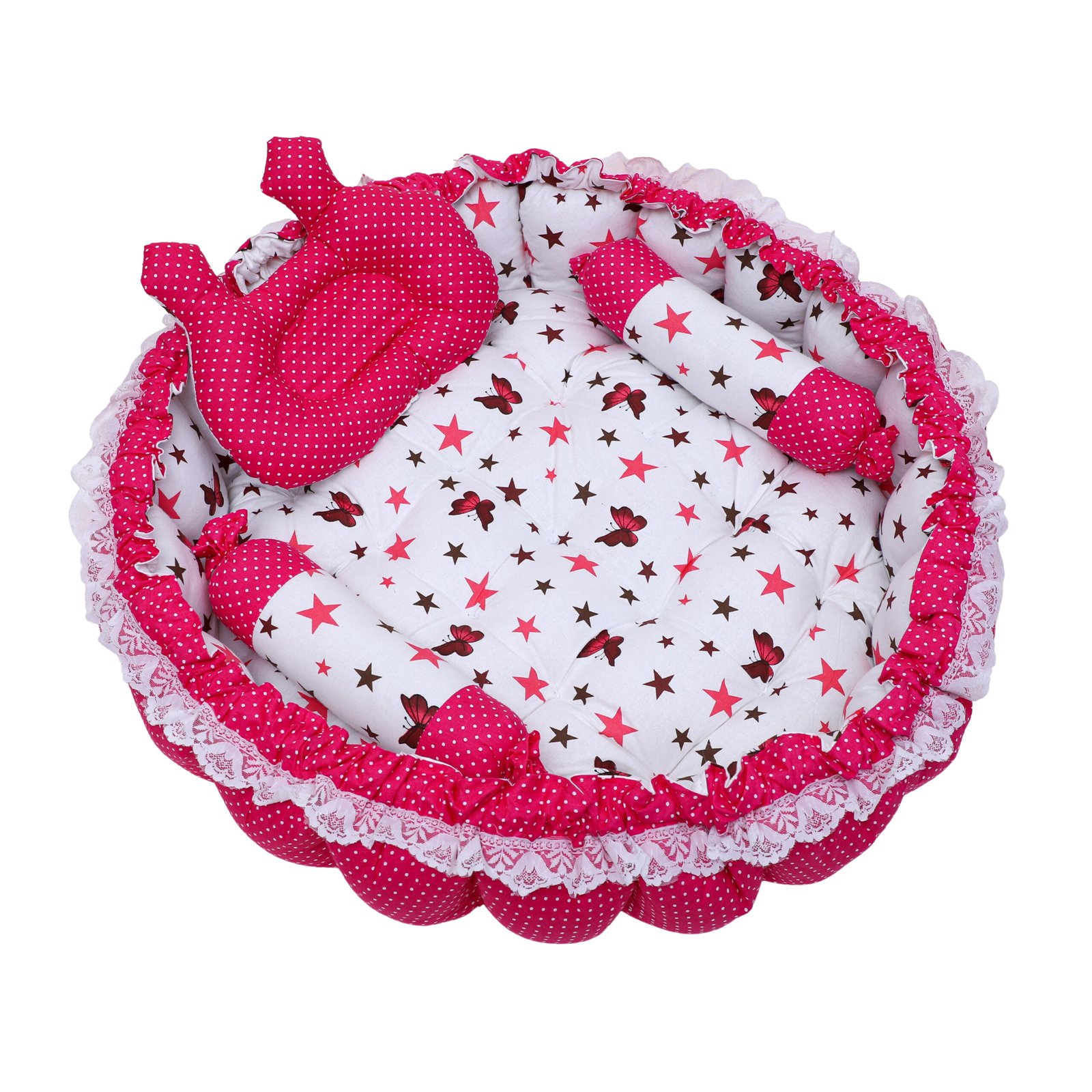 Pink 3 Pillow with Mosquito Protection Net & Round Shape Cotton Baby Bed BB21