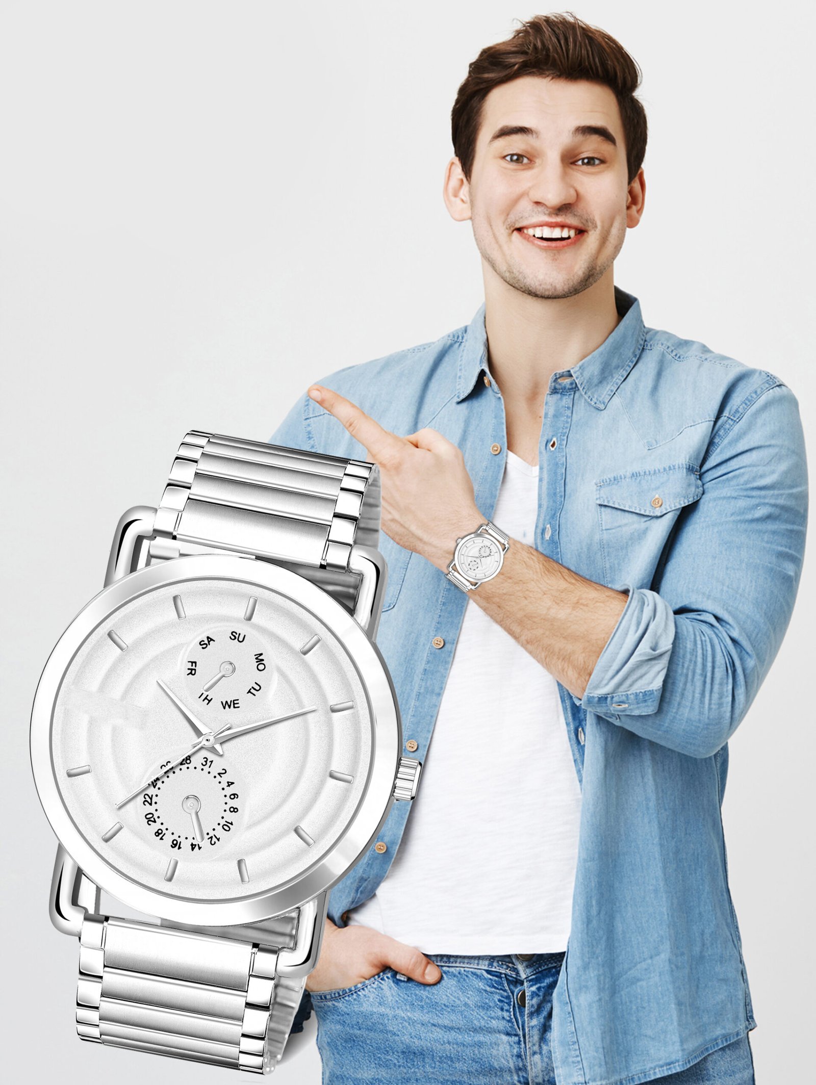 White 3D Embossed Stainless Steel Analog Watch For Men LR121