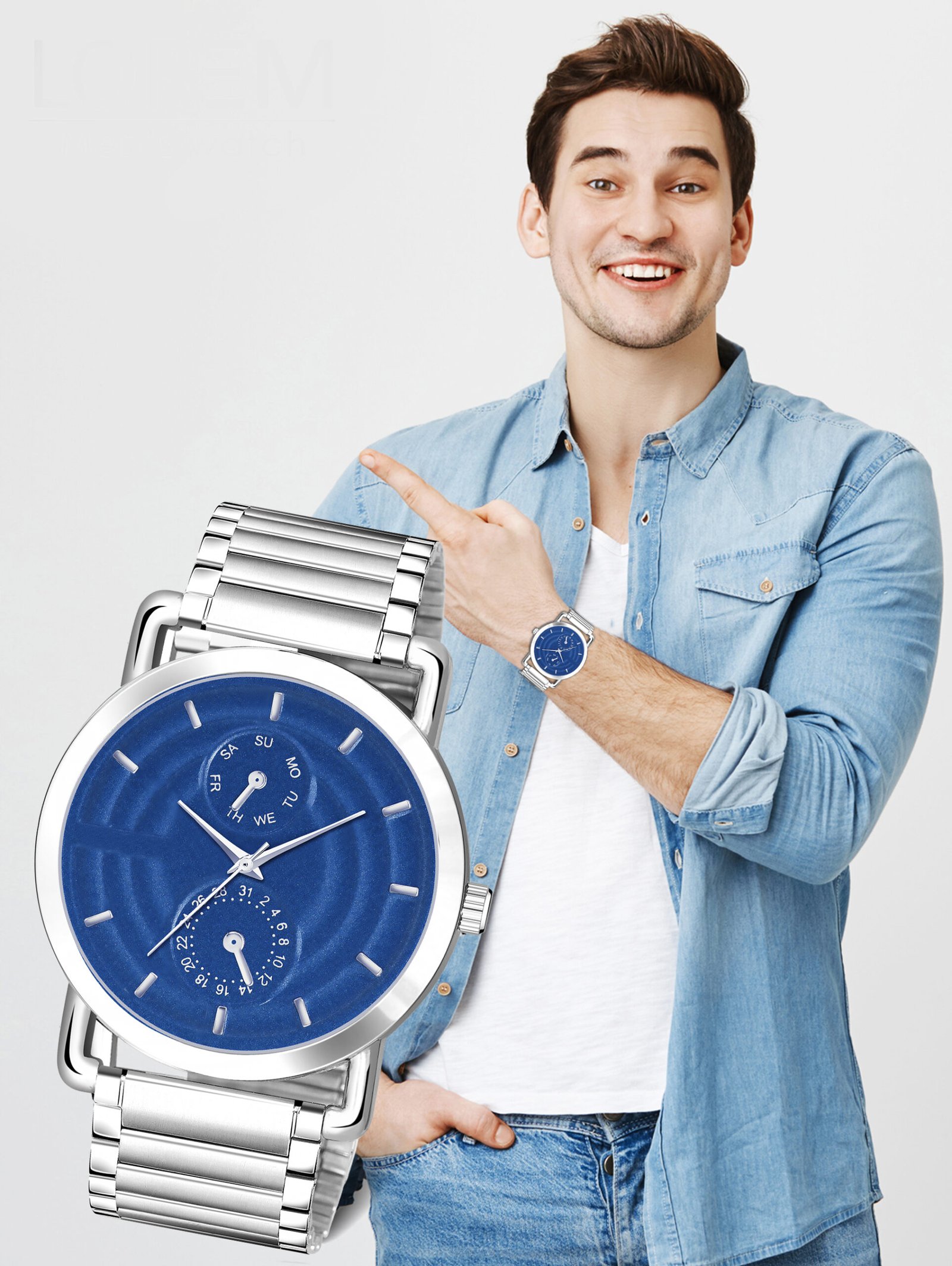 Blue 3D Embossed Stainless Steel Analog Watch For Men LR122