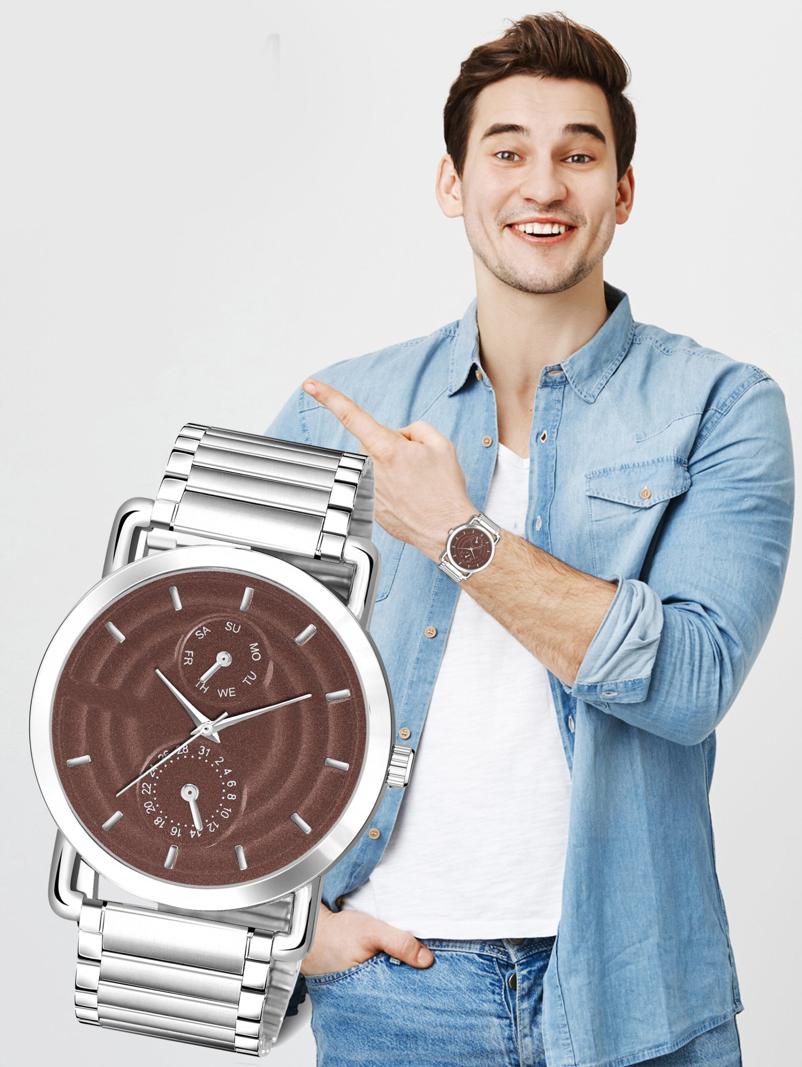 Brown 3D Embossed Stainless Steel Analog Watch For Men LR123