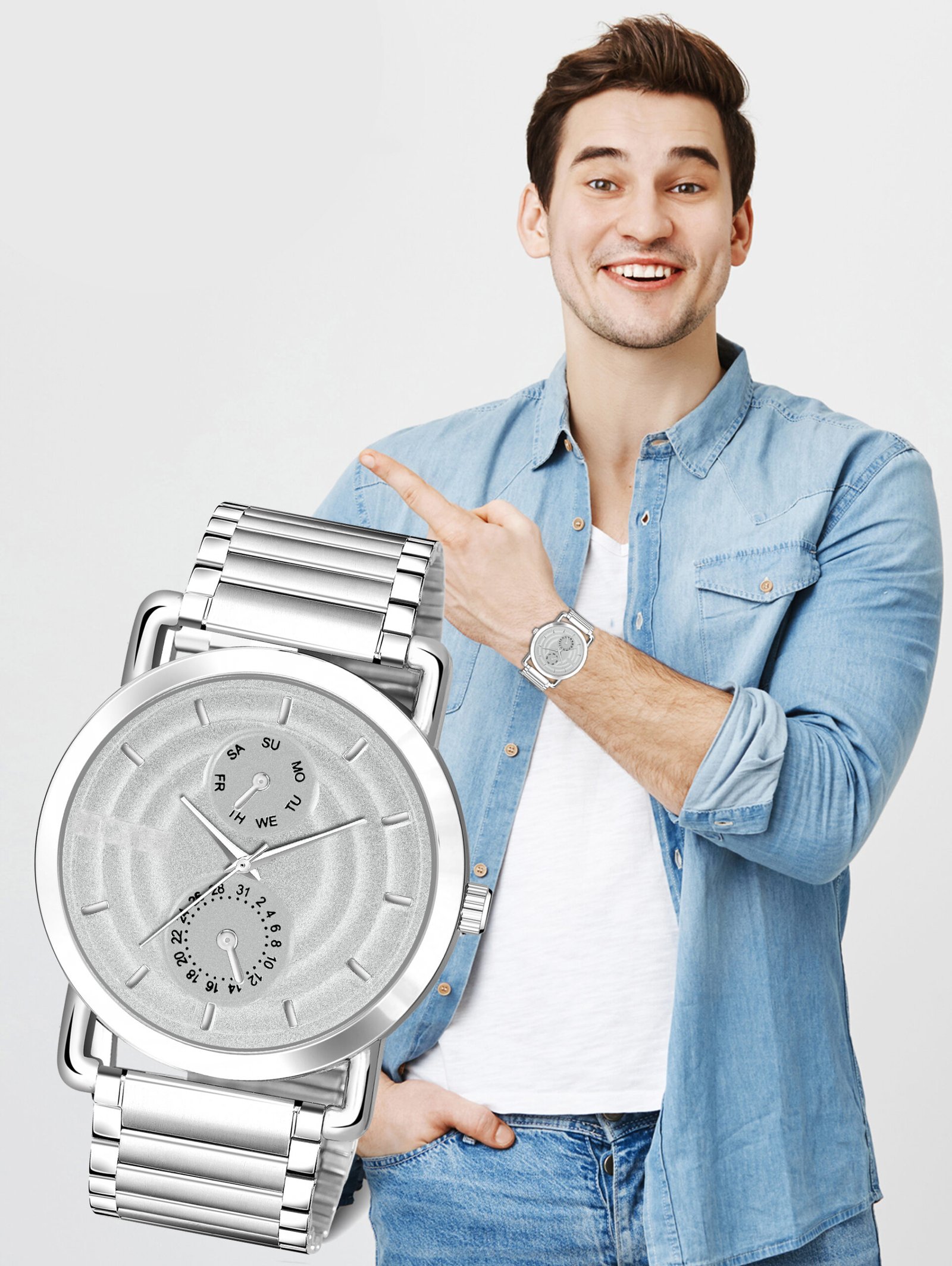 Silver 3D Embossed Stainless Steel Analog Watch For Men LR124