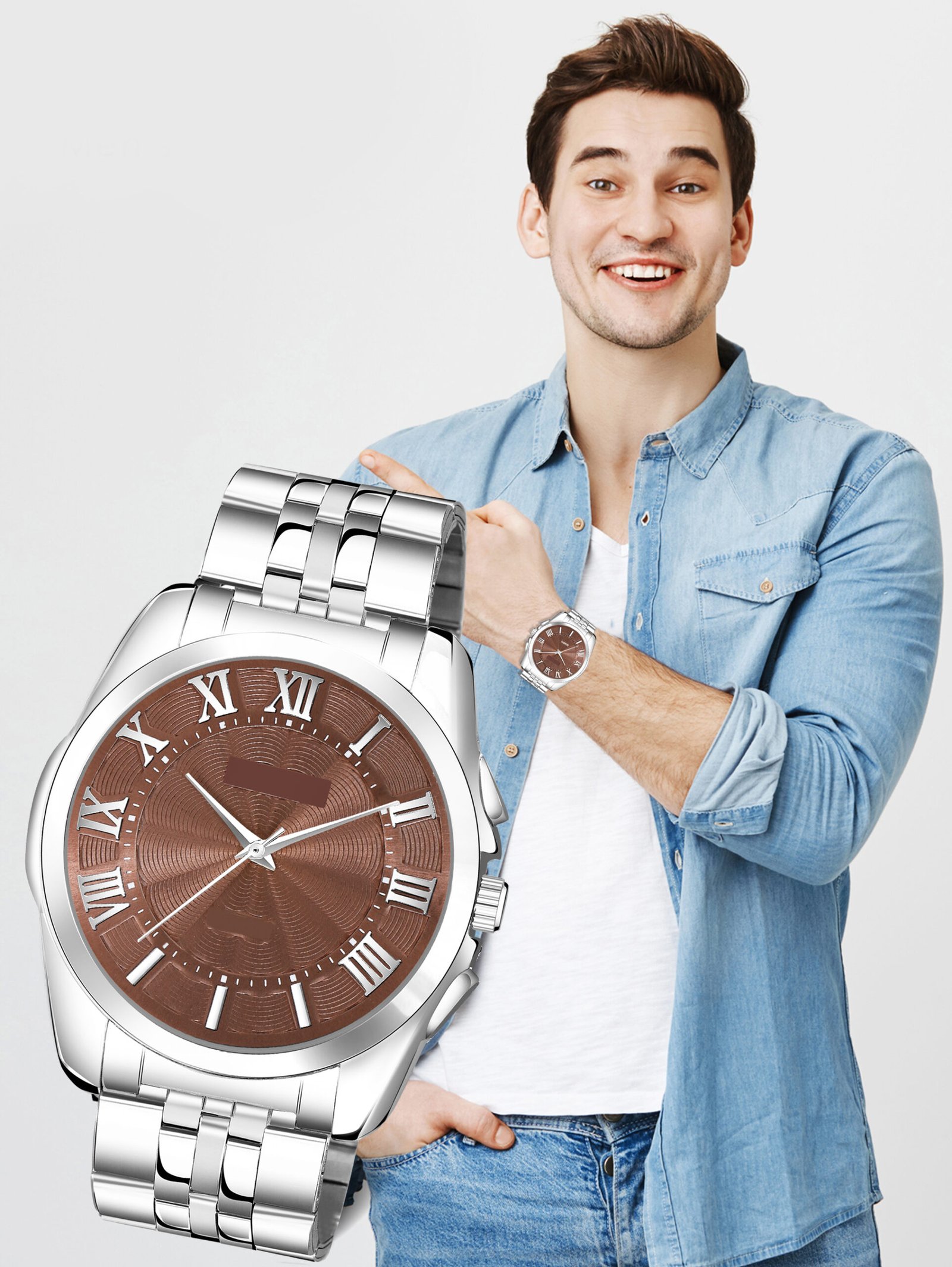 Brown 3D Roman Stainless Steel Analog Watch For Men LR127