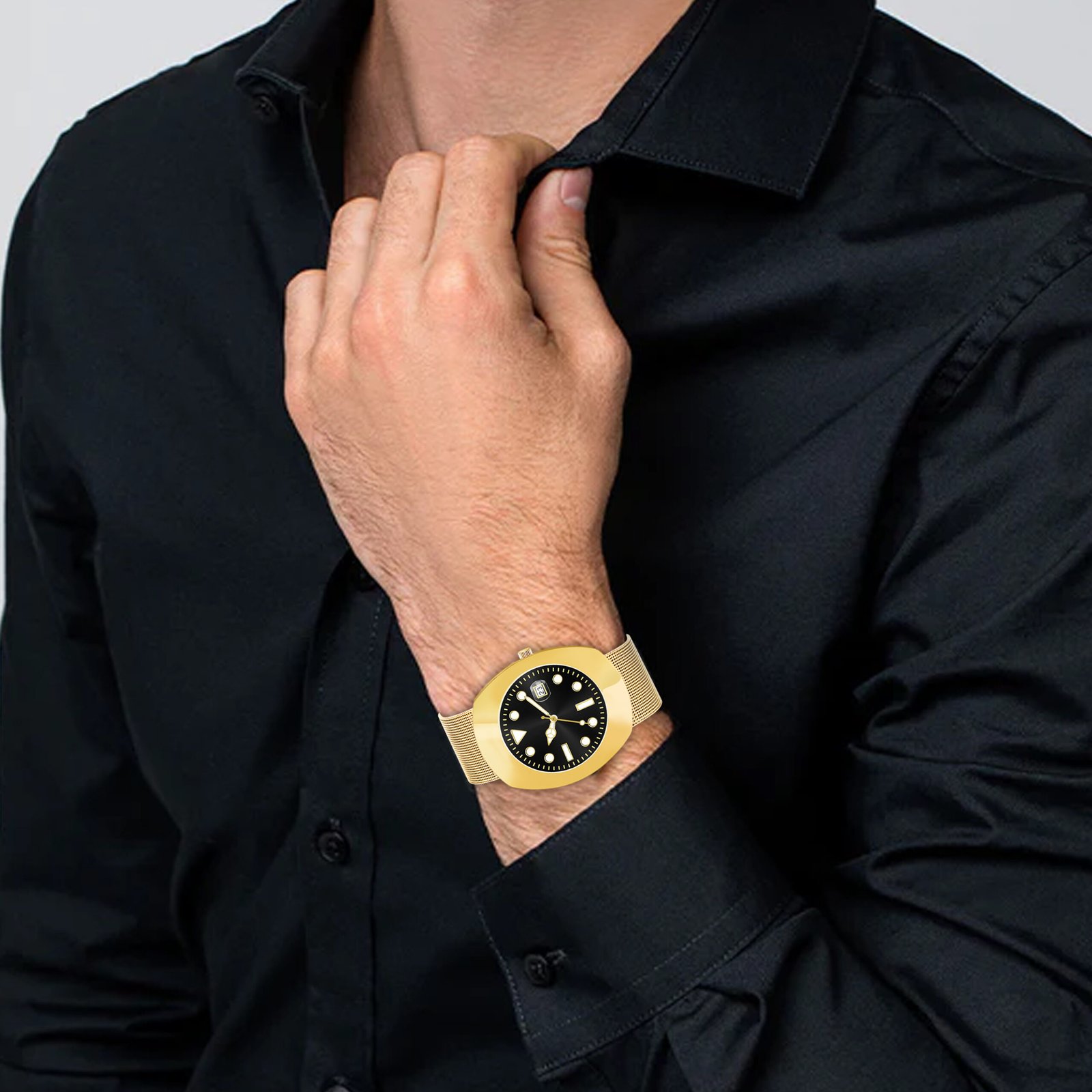 Golden Intermesh Stainless Steel Strap Analog Watch For Men LR138