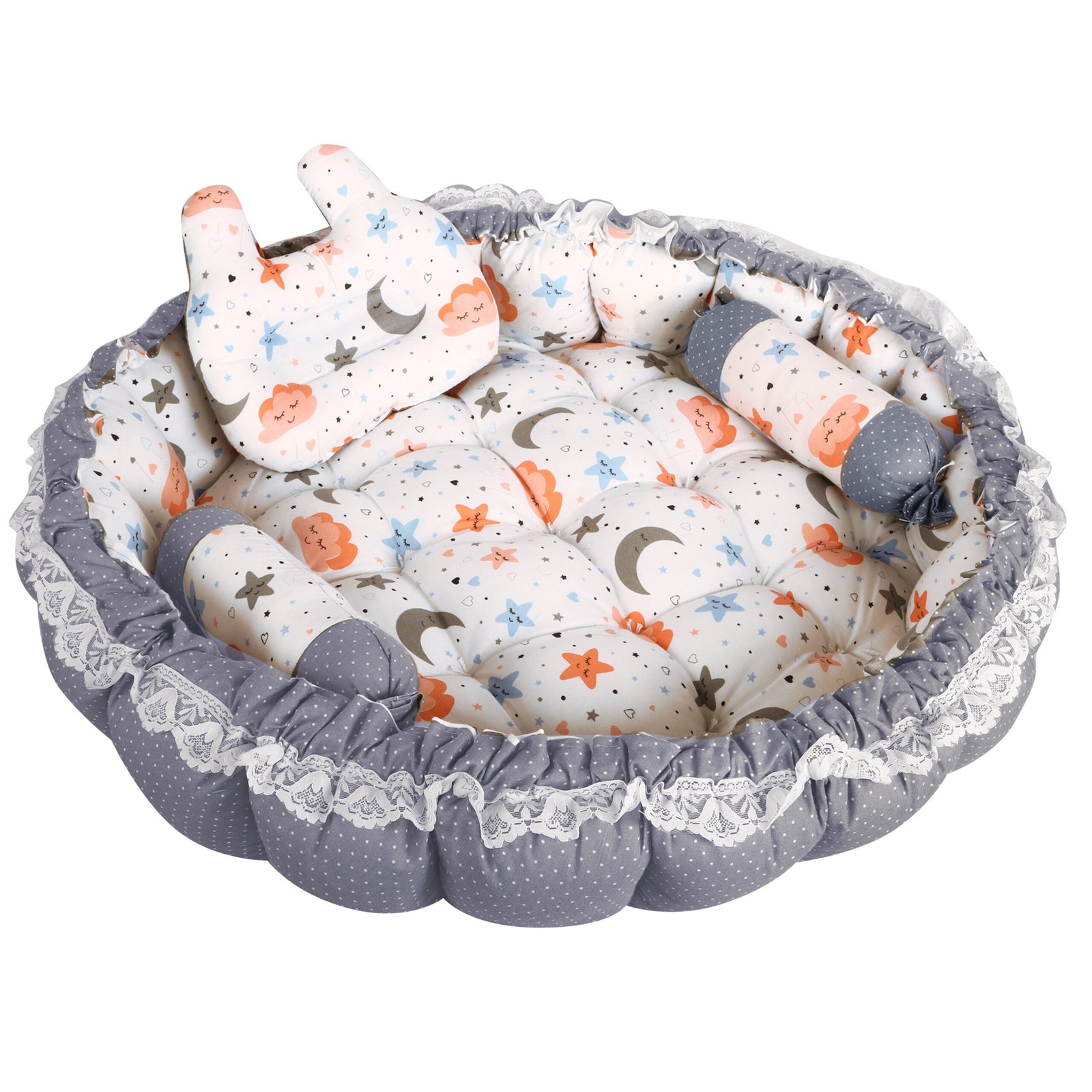 Grey 3 Pillow with Mosquito Protection Net & Round Shape  Cotton Baby Bed for 0-1 Year BB22