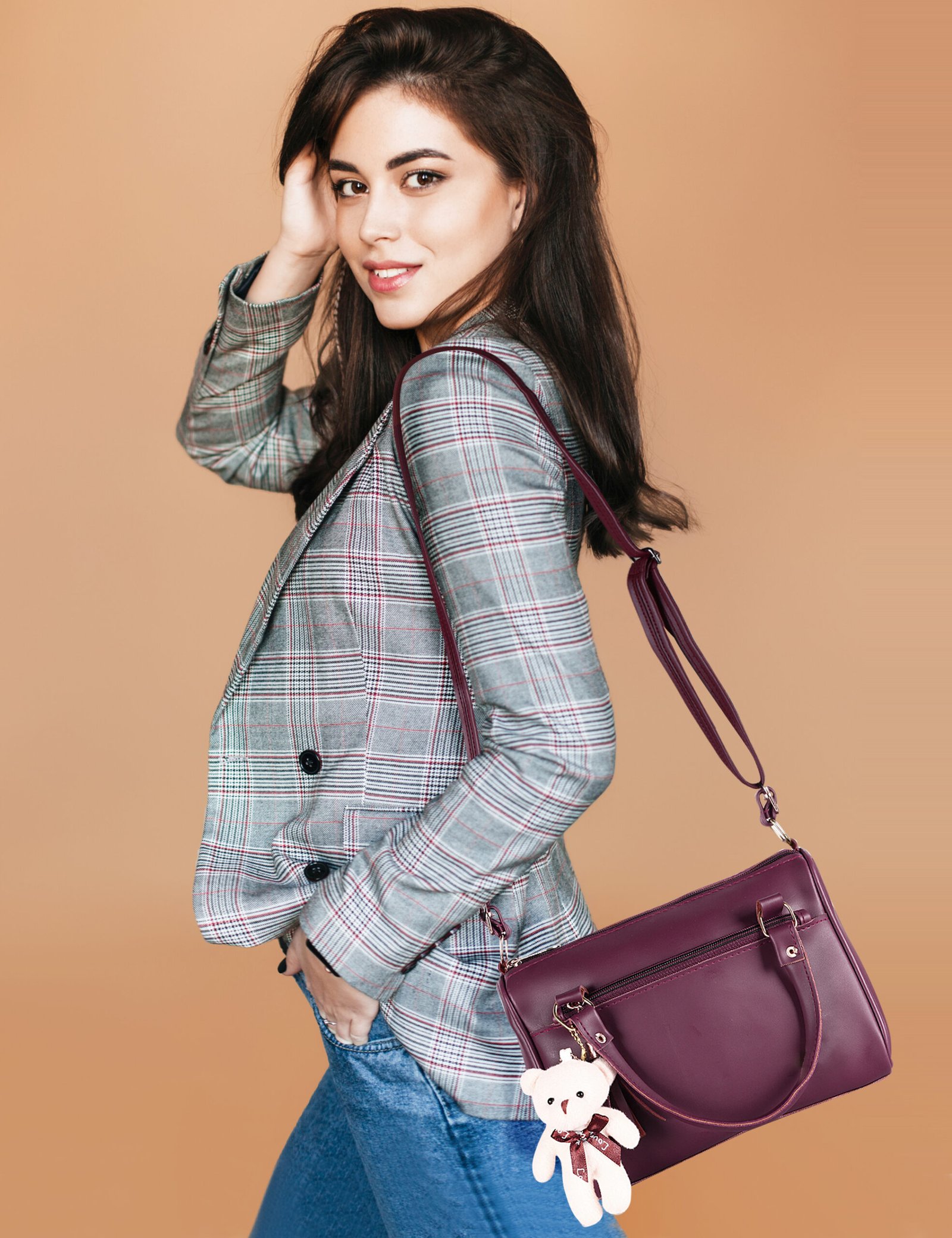 Purple Luxurious Faux Leather Handbag With Teddy Bear HB18