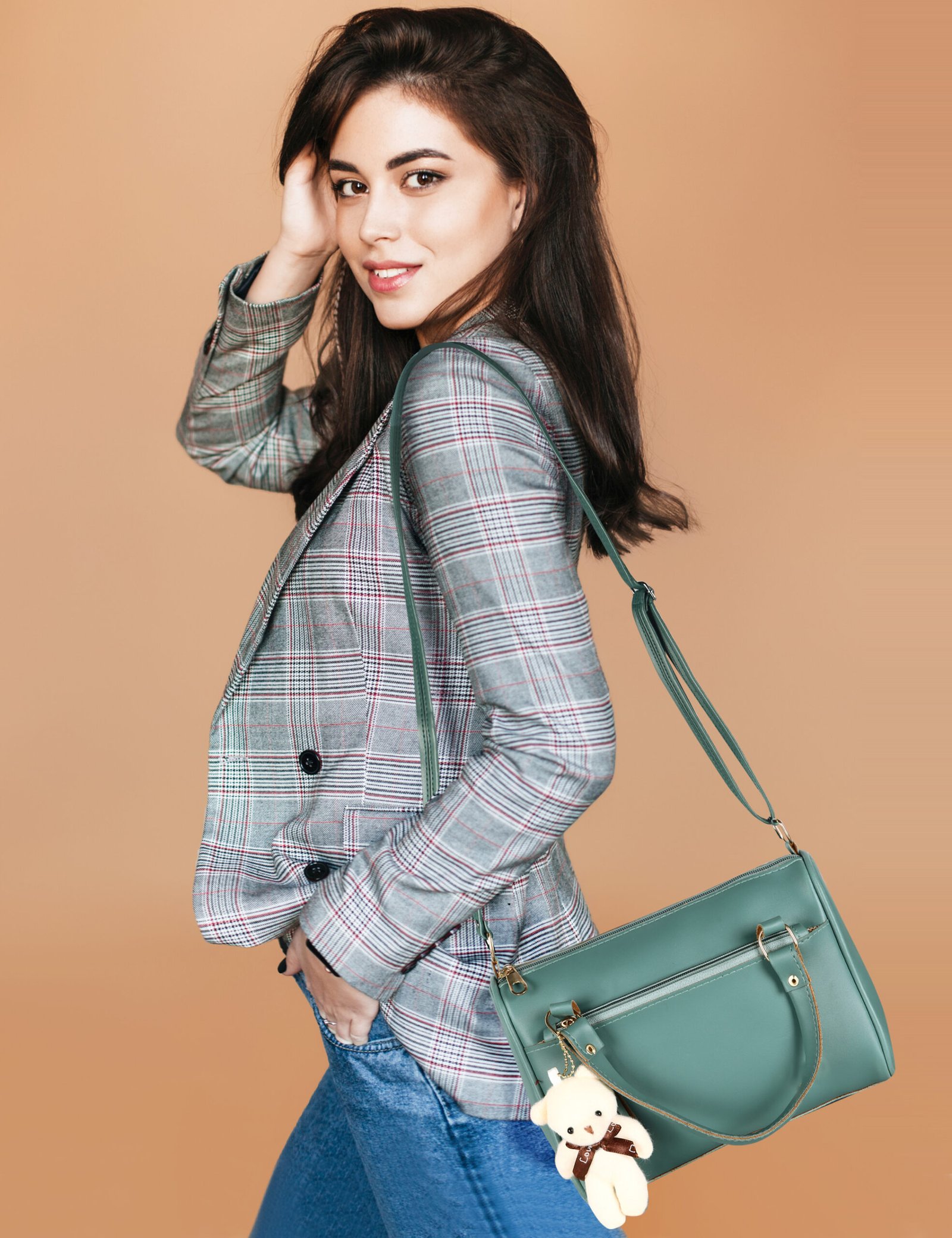 Green Luxurious Faux Leather Handbag With Teddy Bear HB20