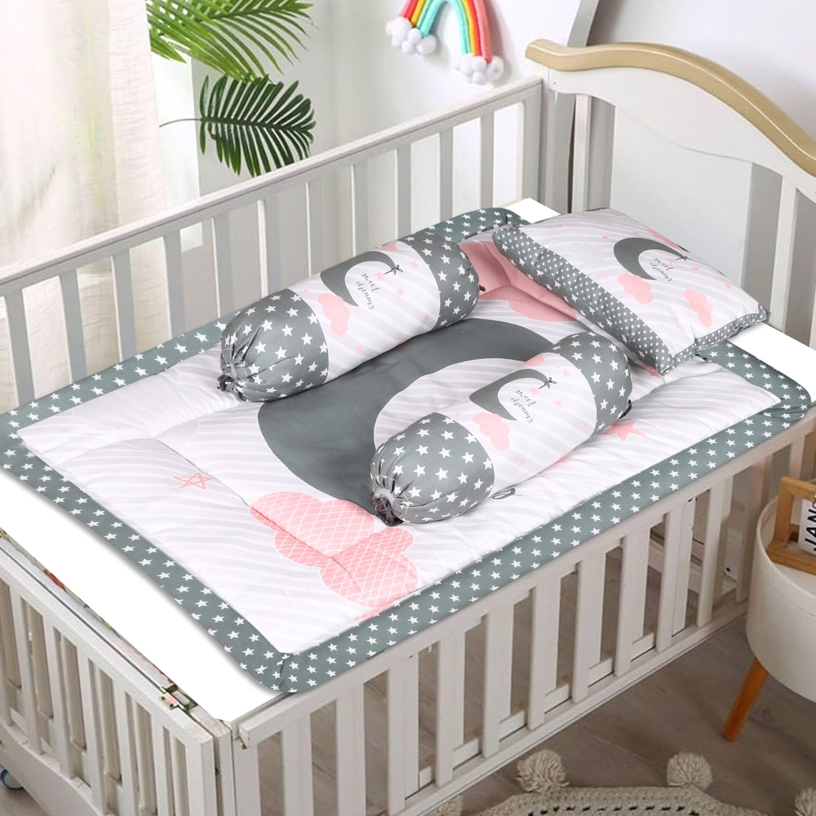 Grey 3 Pillows & Rectangle shape Moon Cotton Baby Bed BB107