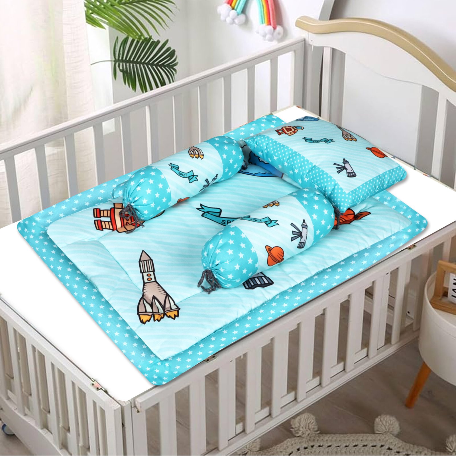 Grey 3 Pillows & Rectangle shape Space Theme Cotton Baby Bed for 0-1 Year