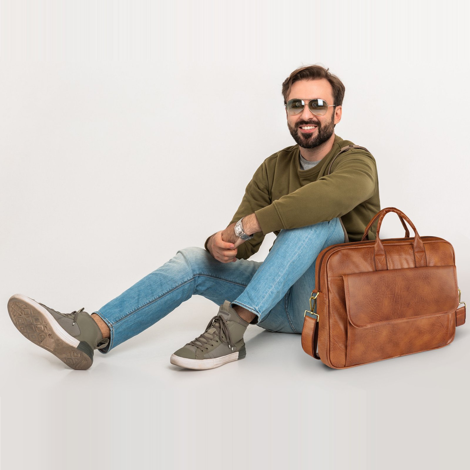 Matte Tan Color Faux Leather 9.44L Messenger Bag BG111