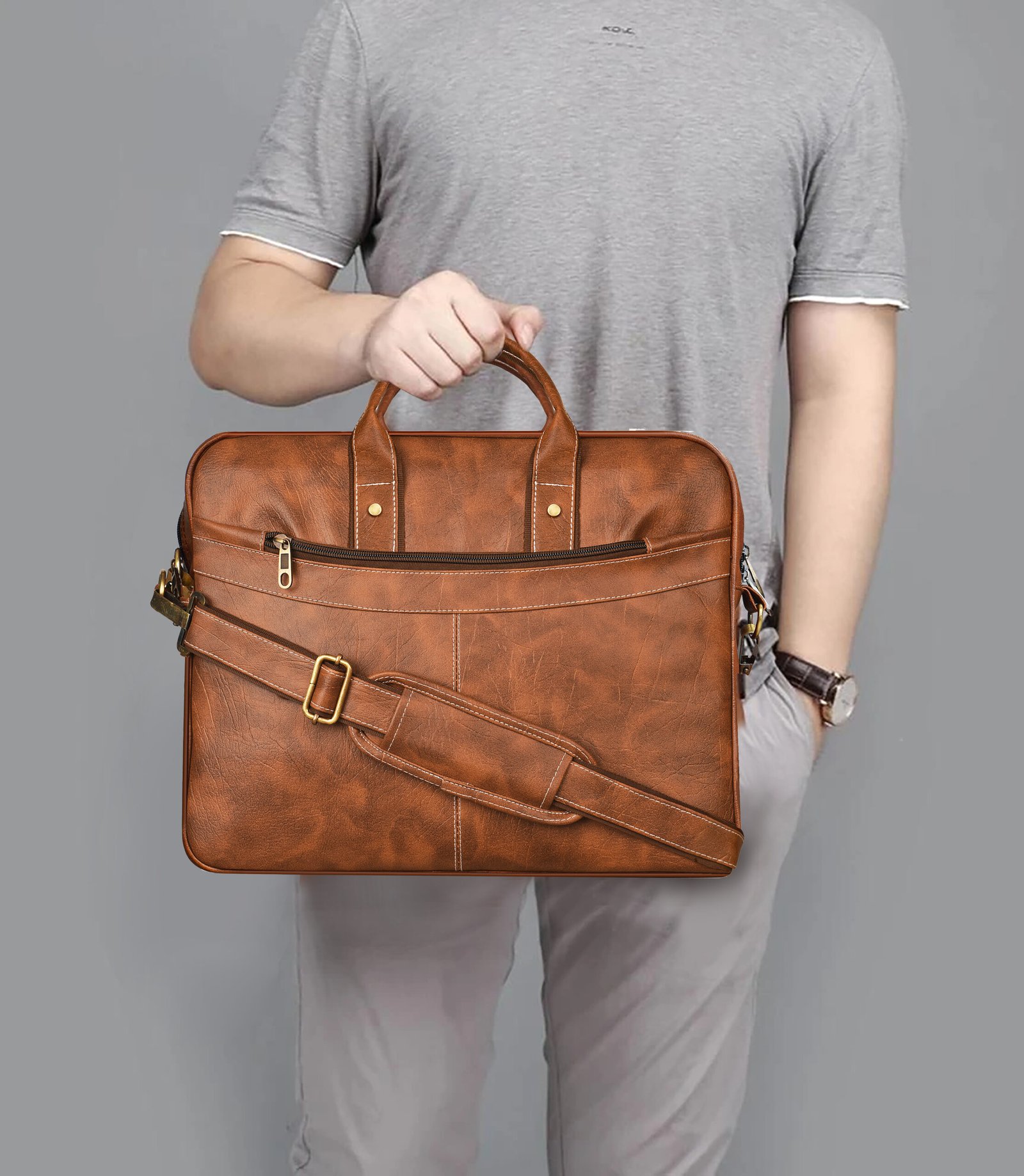 Tan Color Faux Leather 10L Messenger Bag BG14