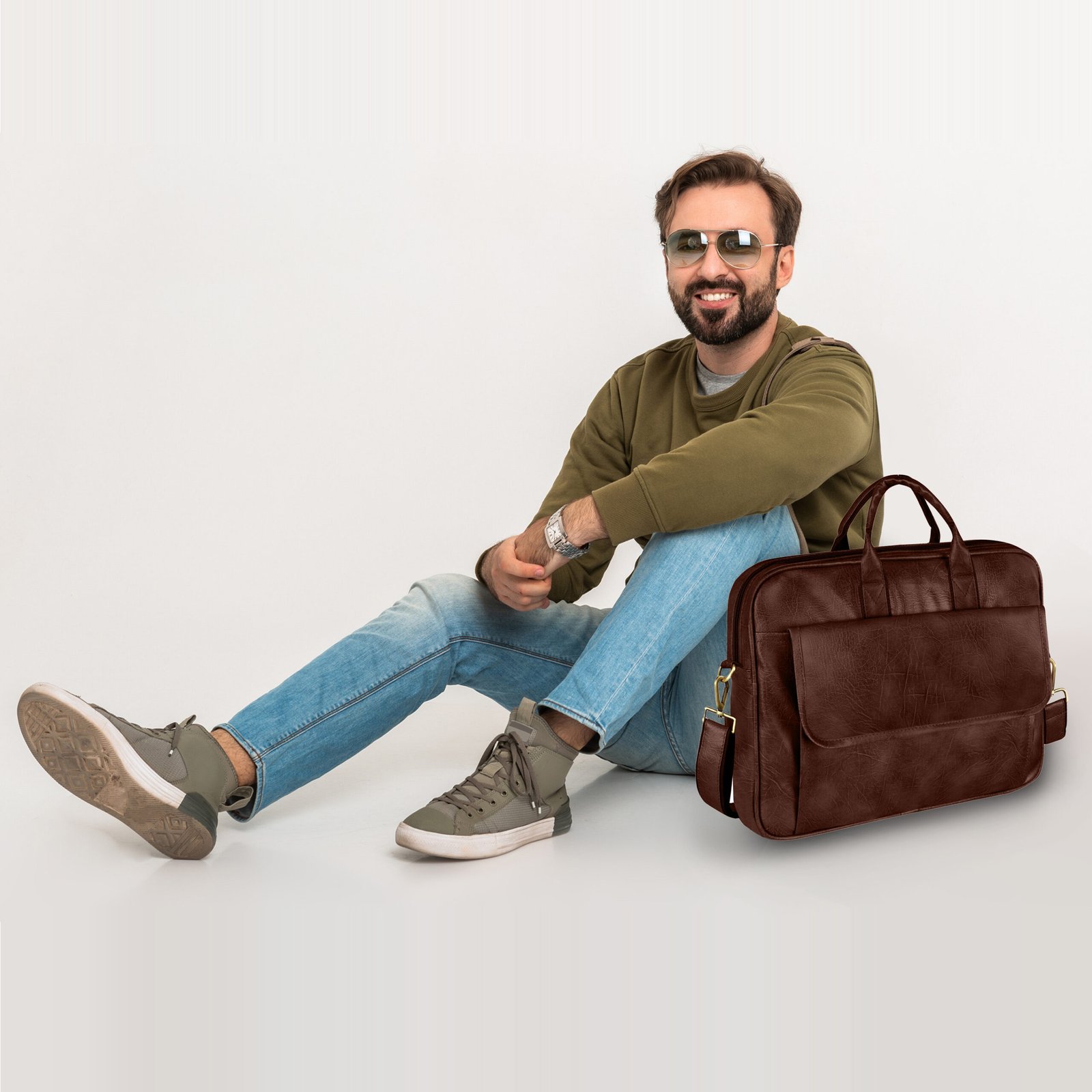 Matte Brown Color Faux Leather 9.44L Messenger Bag BG115