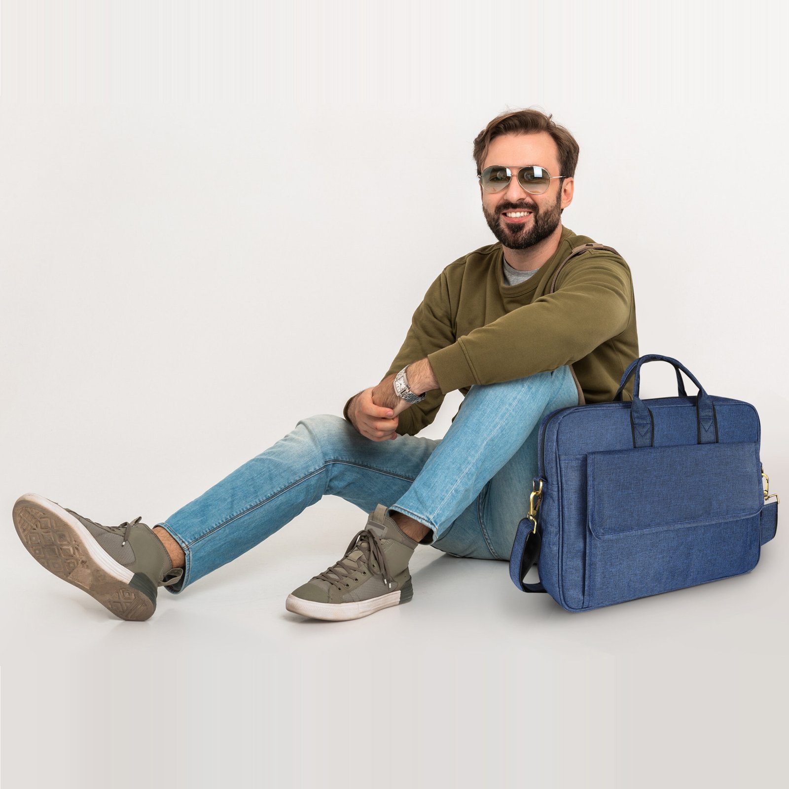 Linen Blue Color Linen fabric 9.44L Messenger Bag BG116