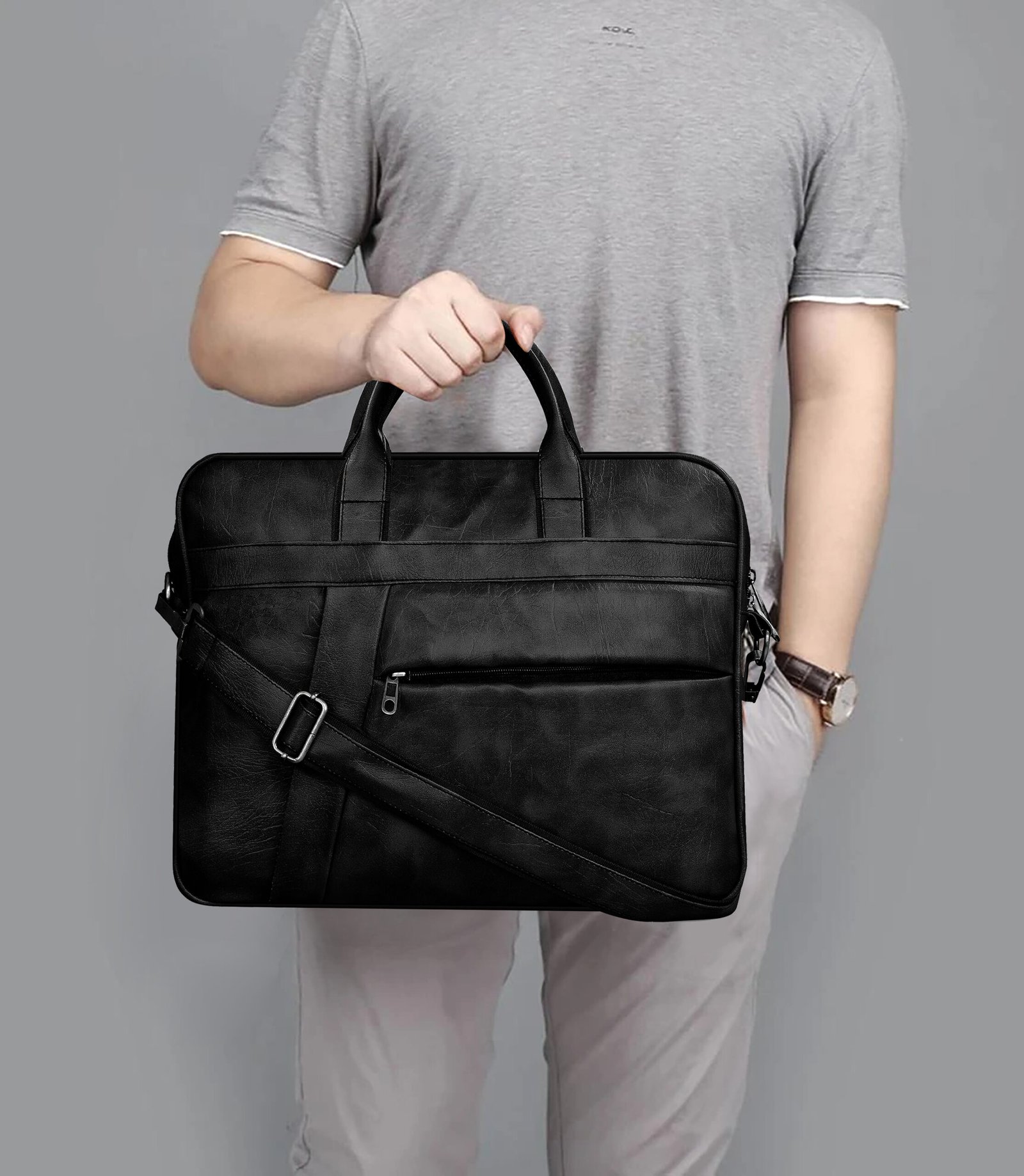 Black Color Faux Leather 10L Messenger Bag BG17