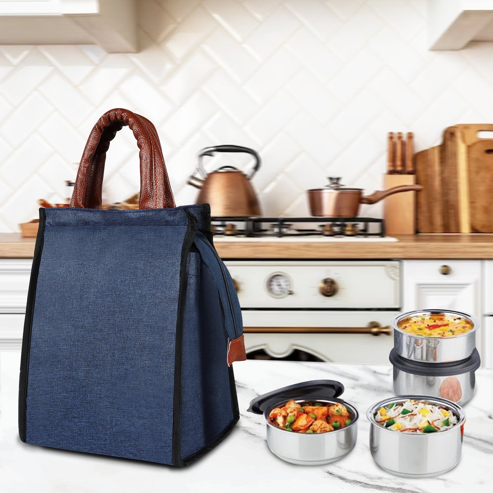 Blue Linen Textured Insulated Tiffin Bag TB07
