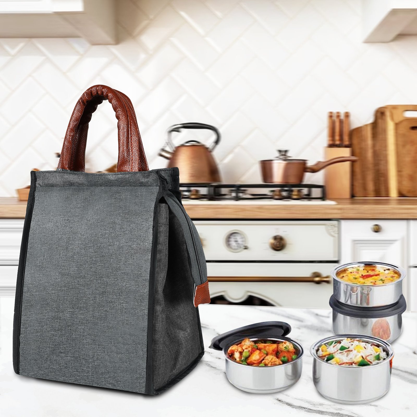 Grey Linen Textured Insulated Tiffin Bag TB08