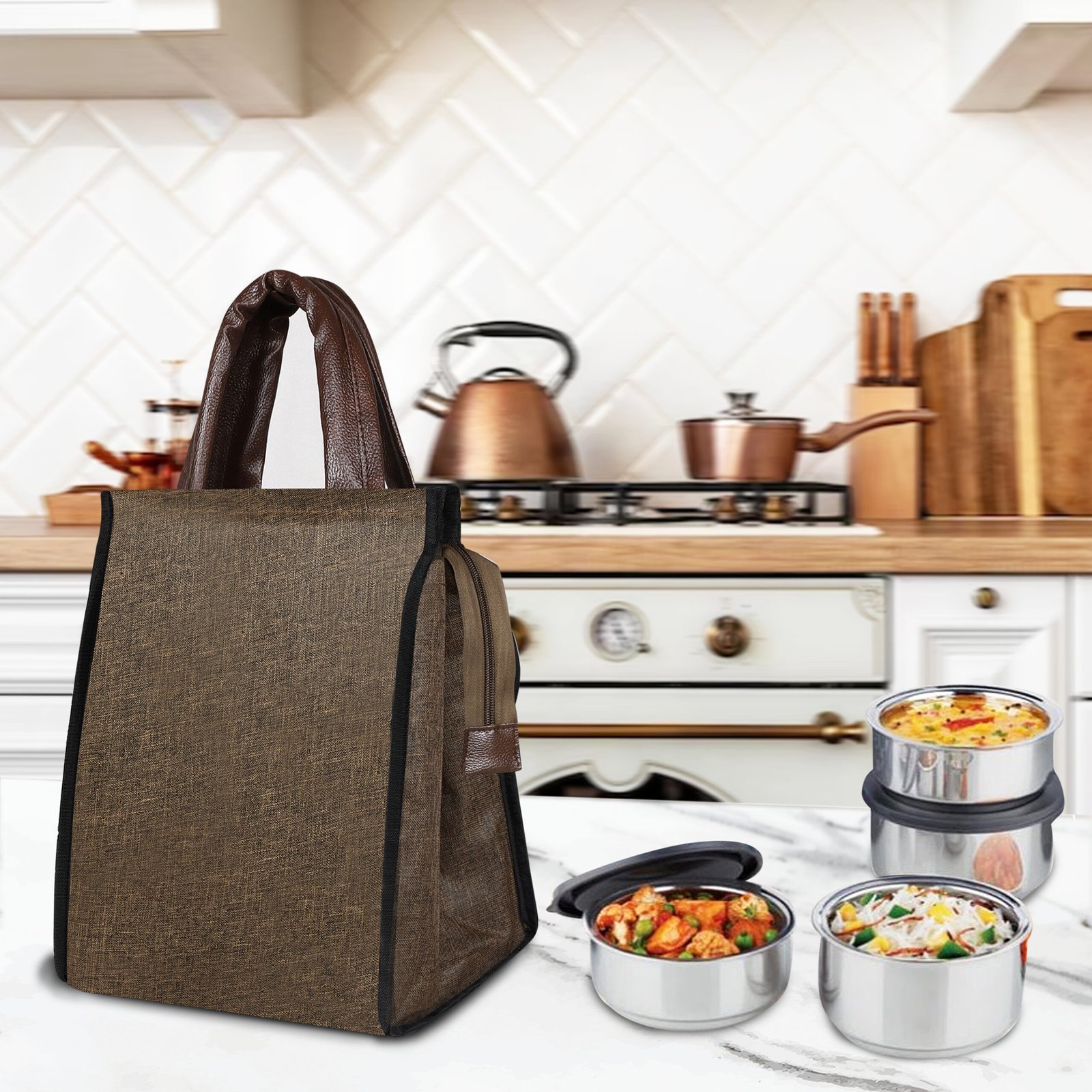 Khaki Linen Textured Insulated Tiffin Bag TB09