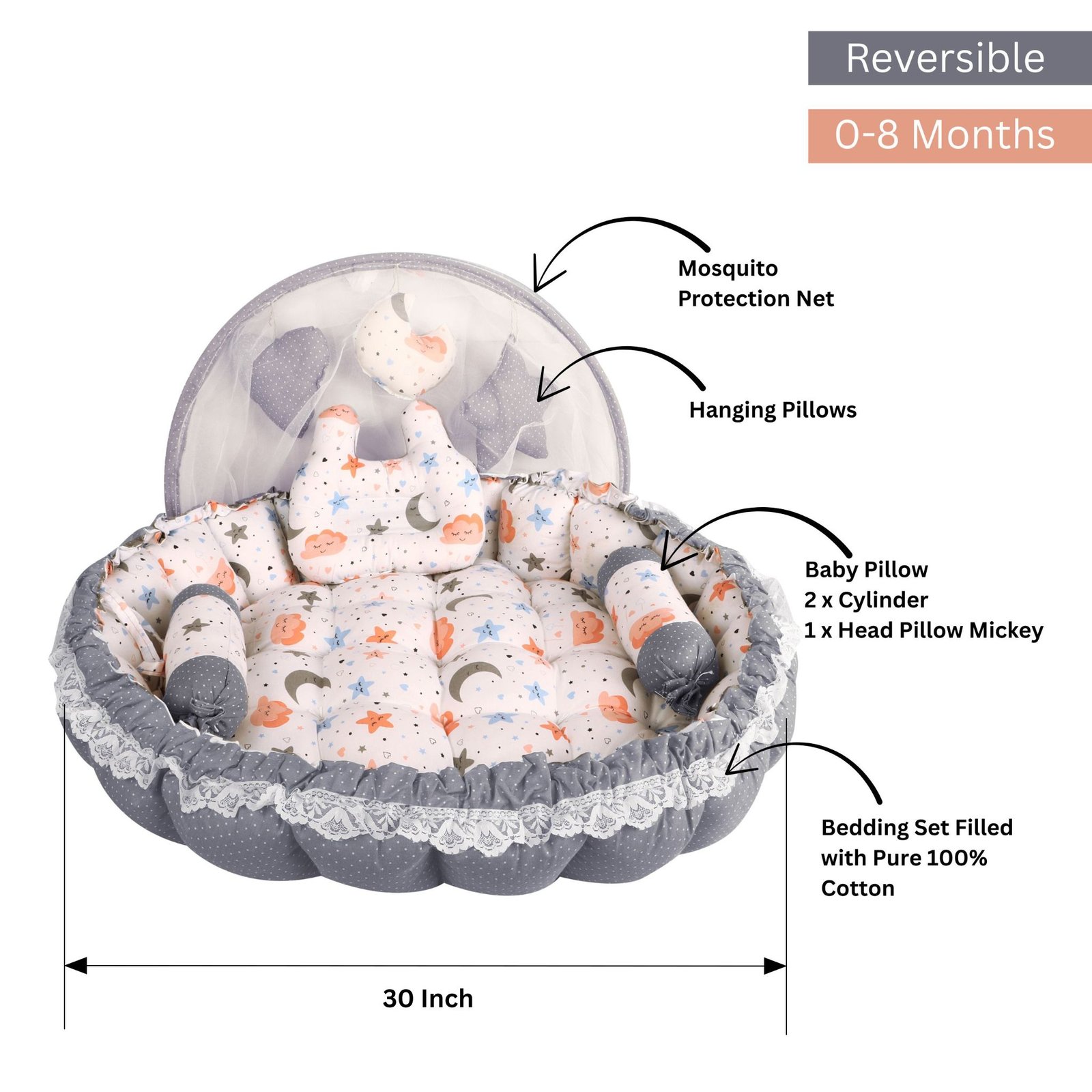 Grey 3 Pillow with Mosquito Protection Net & Round Shape  Cotton Baby Bed for 0-1 Year BB22