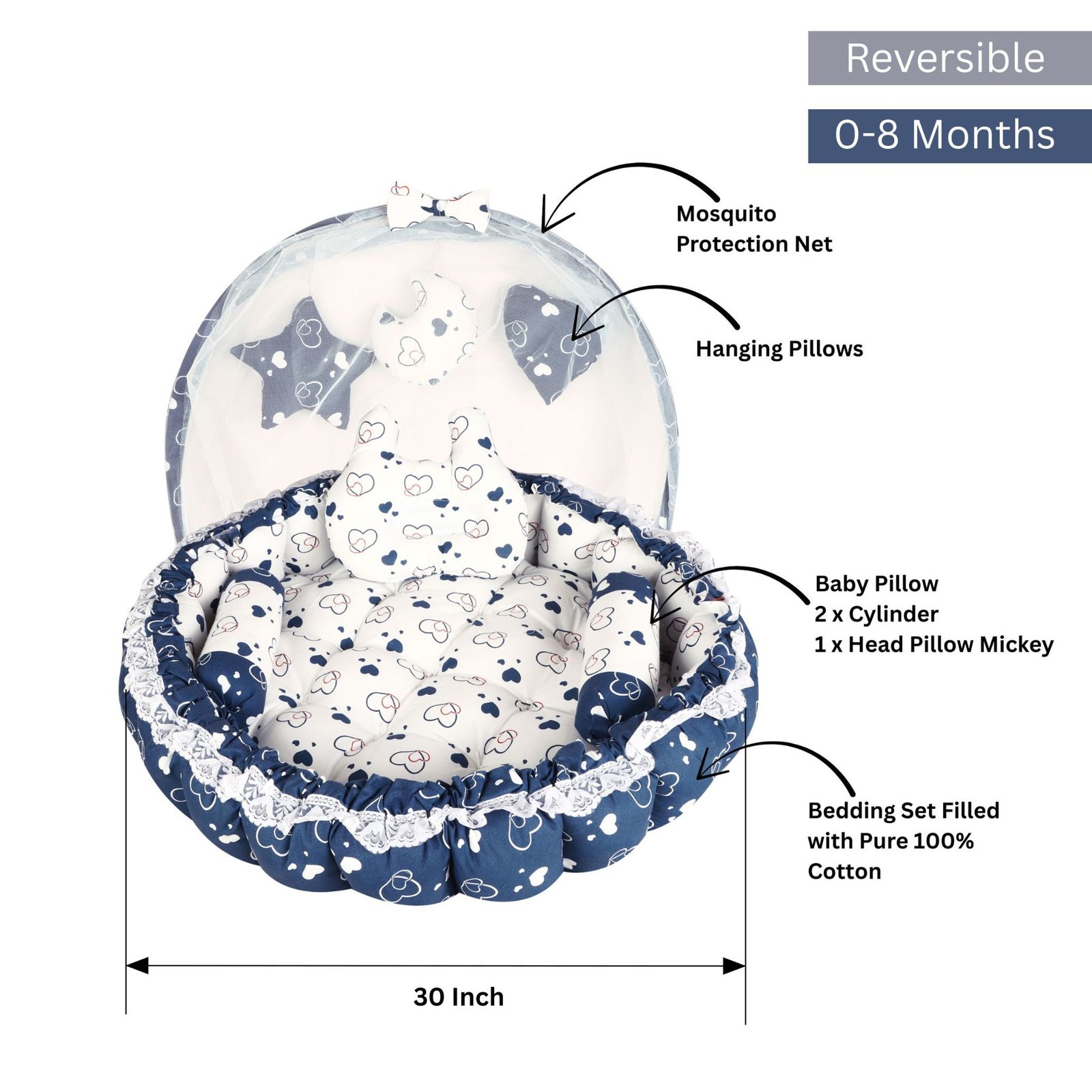 Blue 3 Pillow with Mosquito Protection Net & Round Shape  Cotton Baby Bed for 0-1 Year BB23