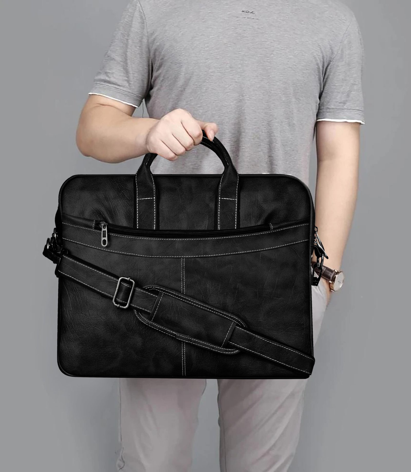 Black Color Faux Leather 10L Messenger Bag BG36
