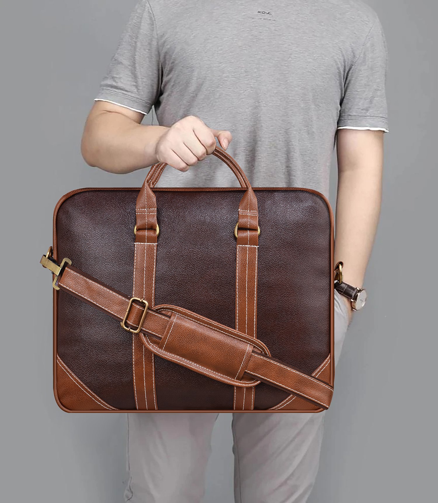 Brown & Tan Color Faux Leather 10L Messenger Bag BG42