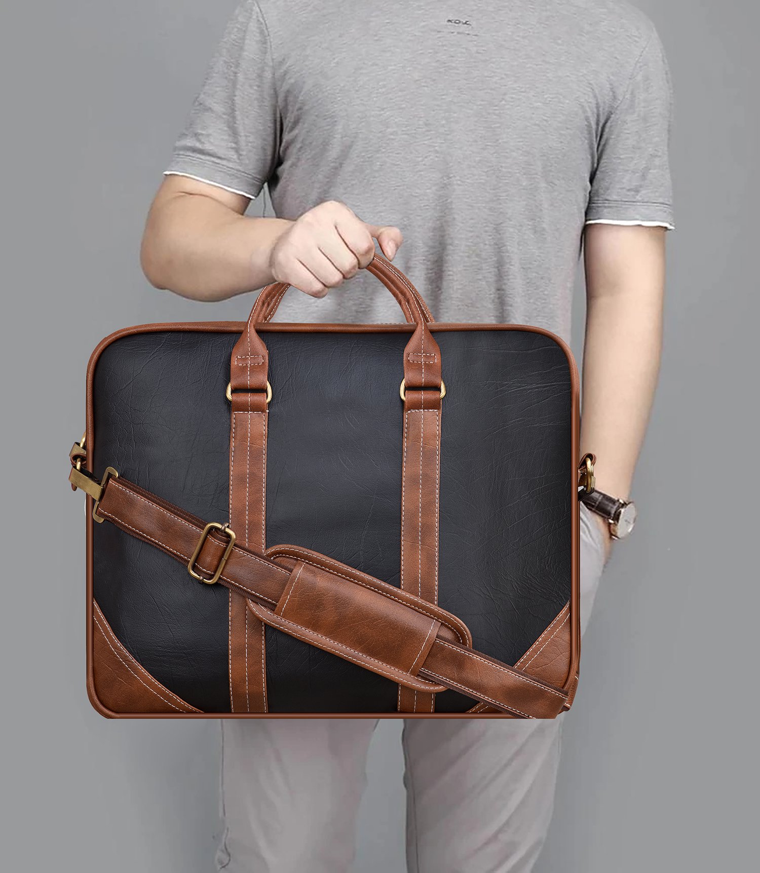 Black & Tan Color Faux Leather 10L Messenger Bag BG43