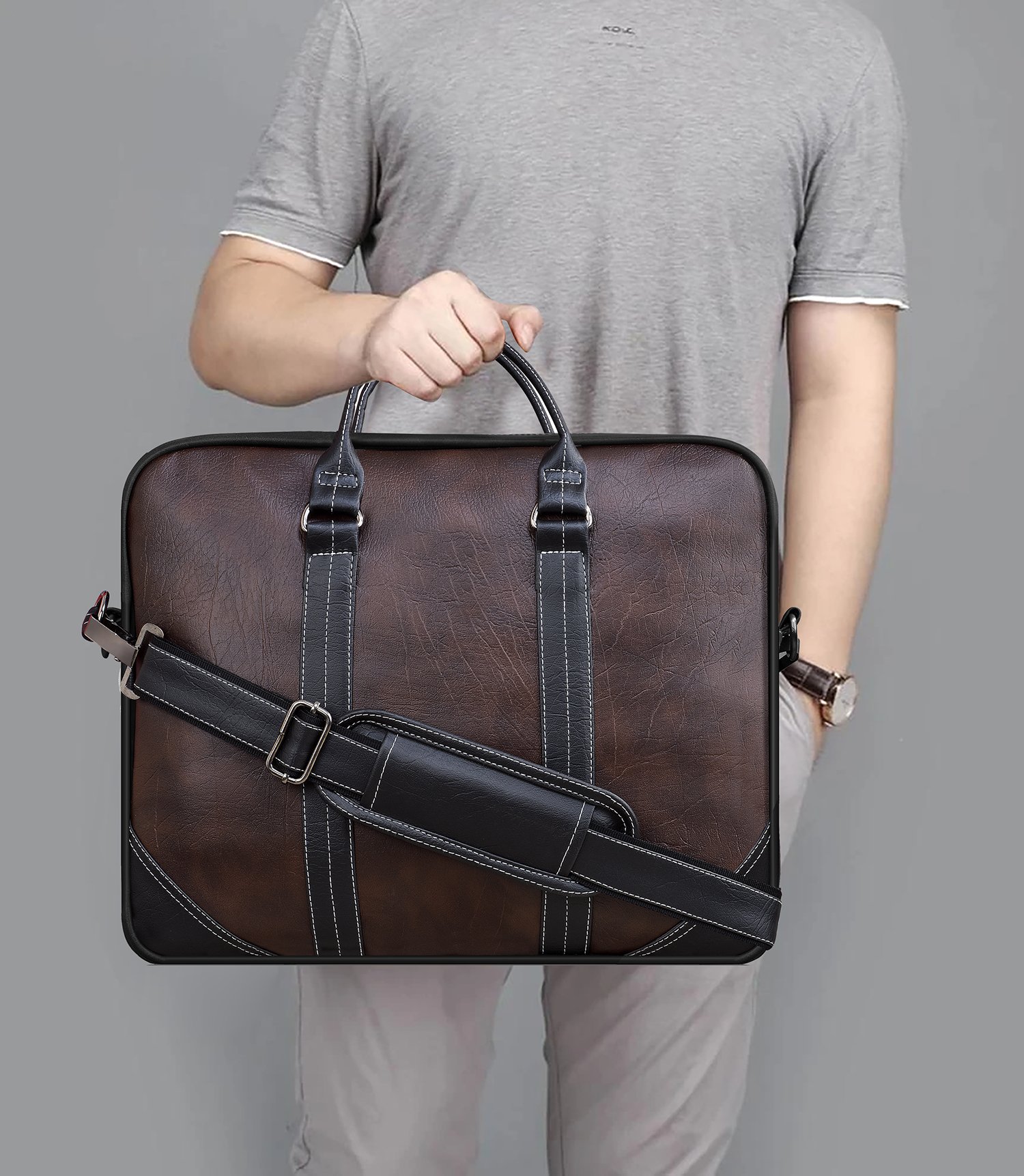 Brown & Black Color Faux Leather 10L Messenger Bag BG44