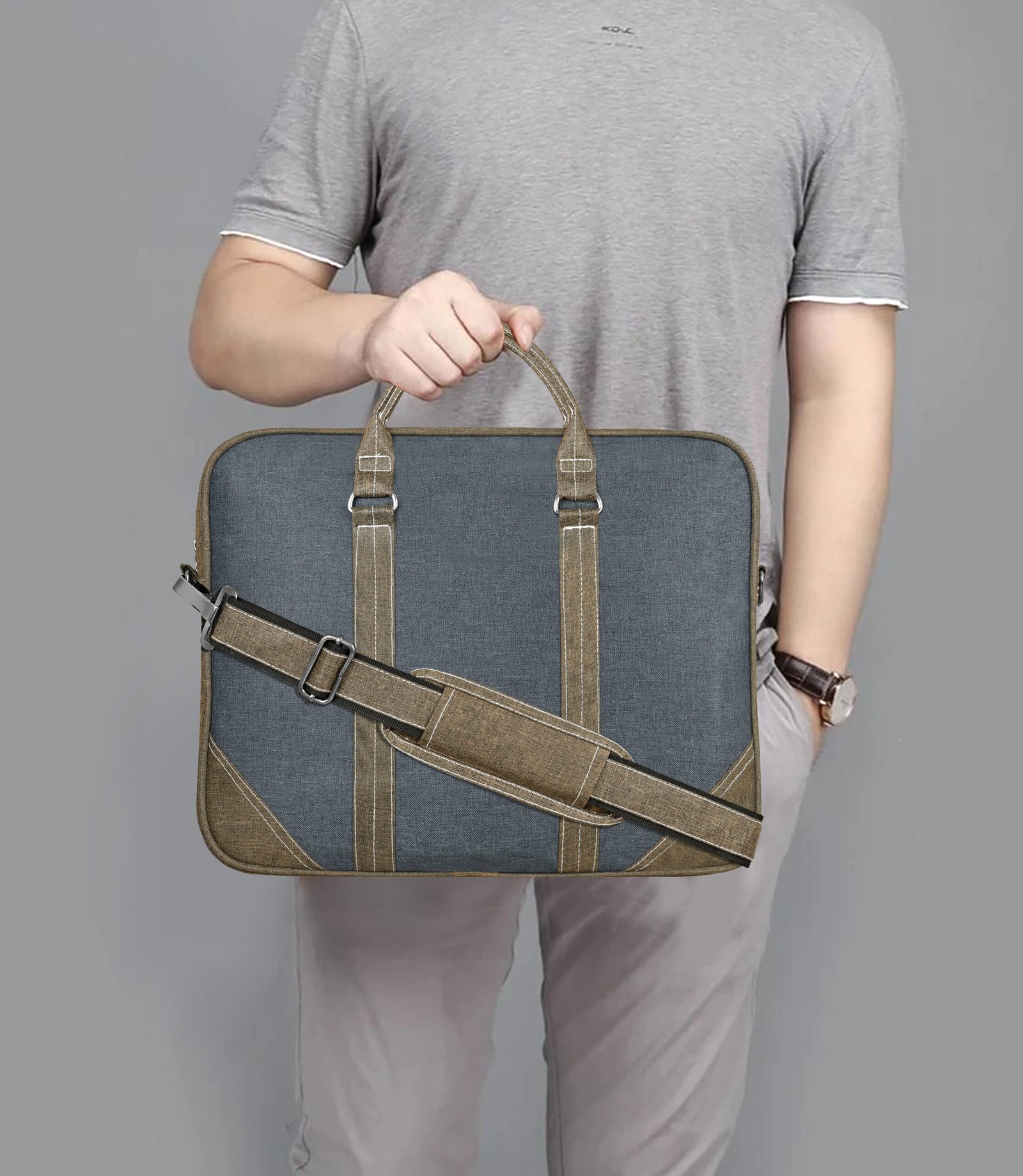 Grey & Khaki Color Linen 10L Messenger Bag BG46