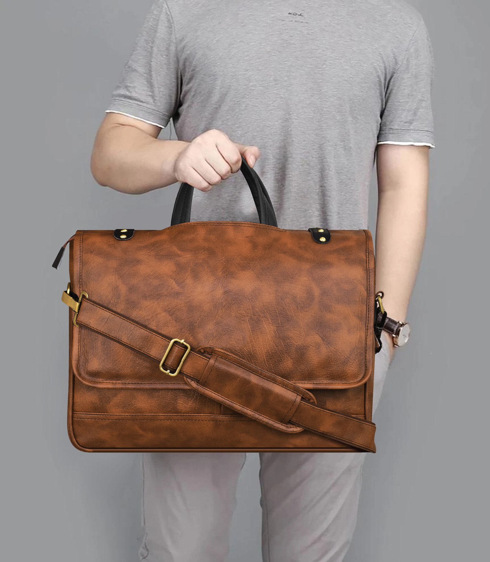 Tan & Black Color Faux Leather 10L Messenger Bag BG47