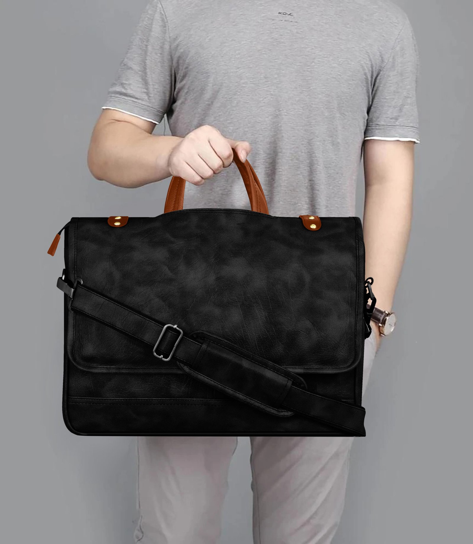 Black & Tan Color Faux Leather 10L Messenger Bag BG48