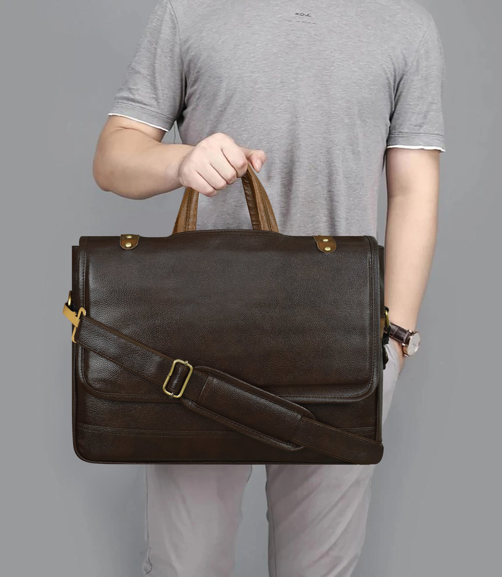 Chocolate & Tan Color Faux Leather 10L Messenger Bag BG49