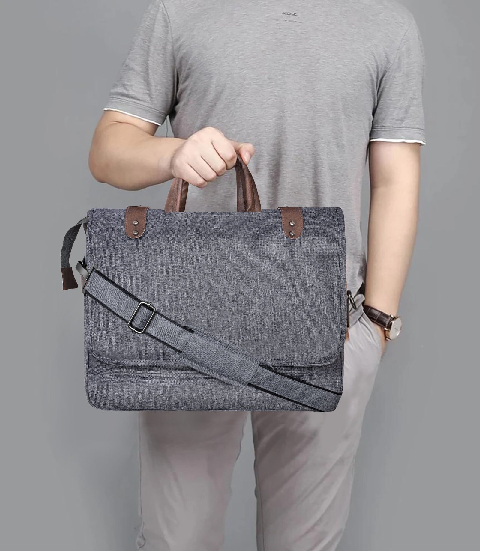 Grey & Brown Color Faux Leather 10L Messenger Bag BG51