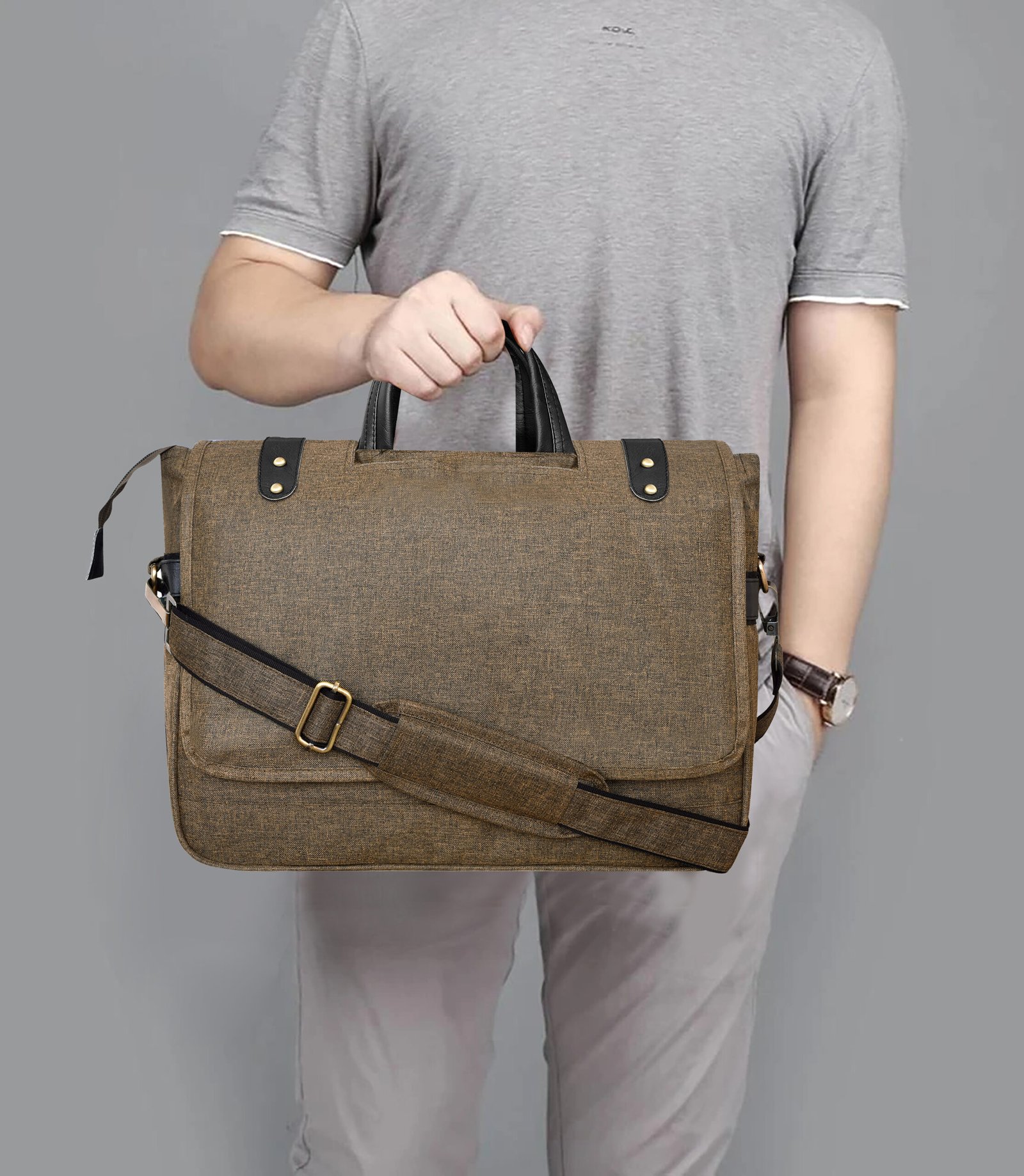 Khaki & Black Color Faux Leather 10L Messenger Bag BG52